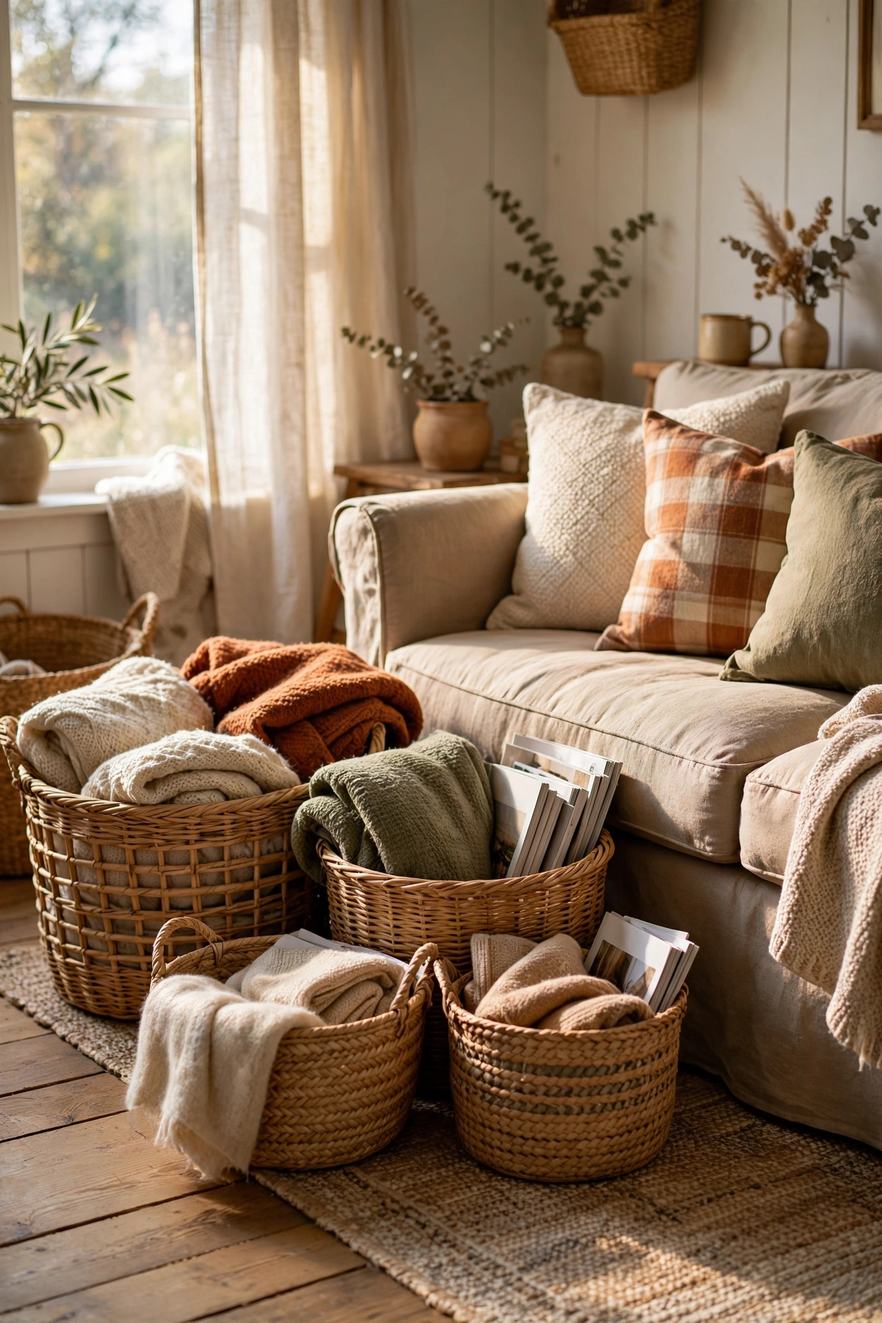 Collection of thrifted woven baskets in different sizes in a farmhouse living room