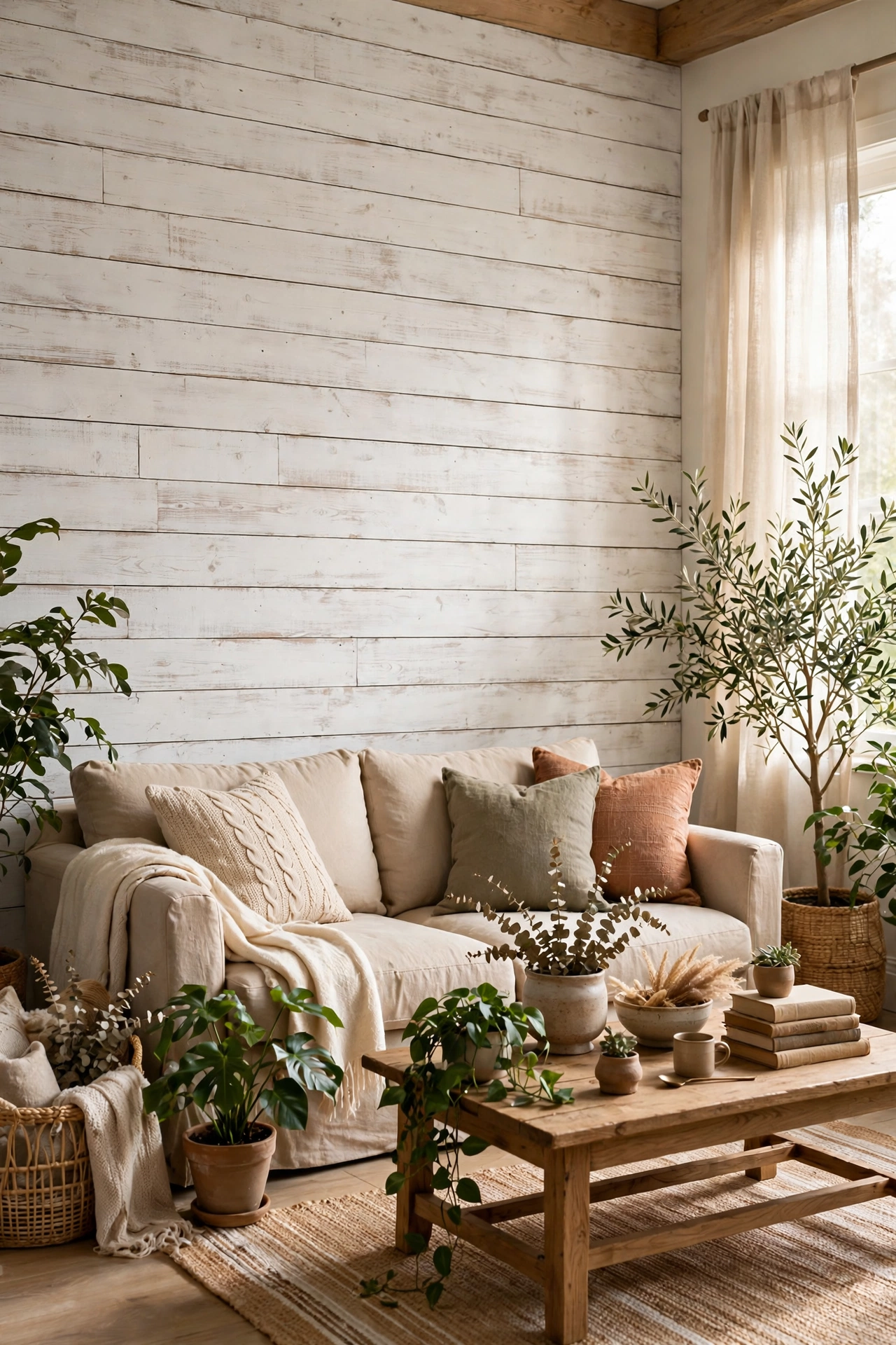 Whitewashed wood paneled wall bringing farmhouse charm to a budget living room