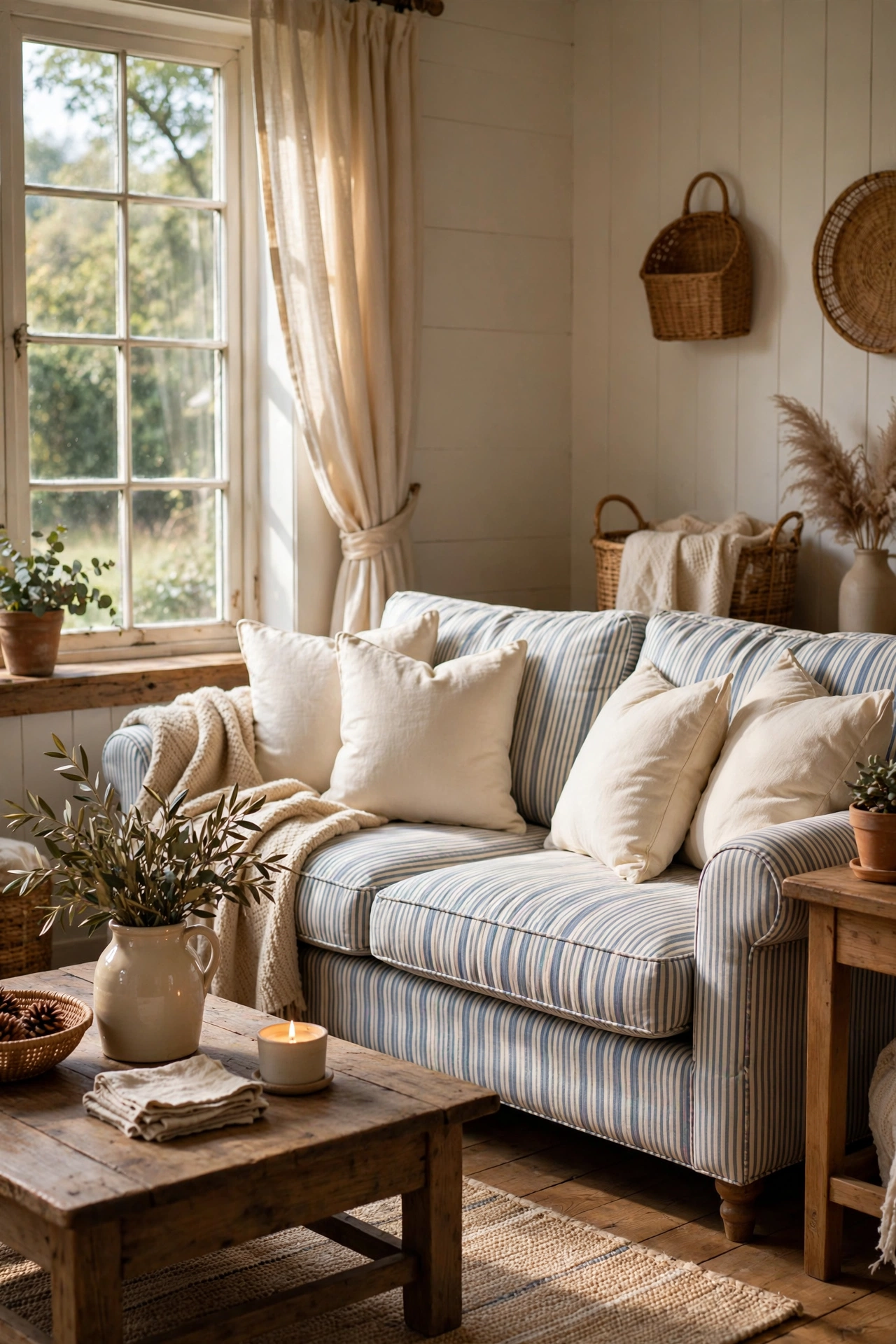 Ticking stripe pillow covers mixed with cream pillows on a farmhouse sofa
