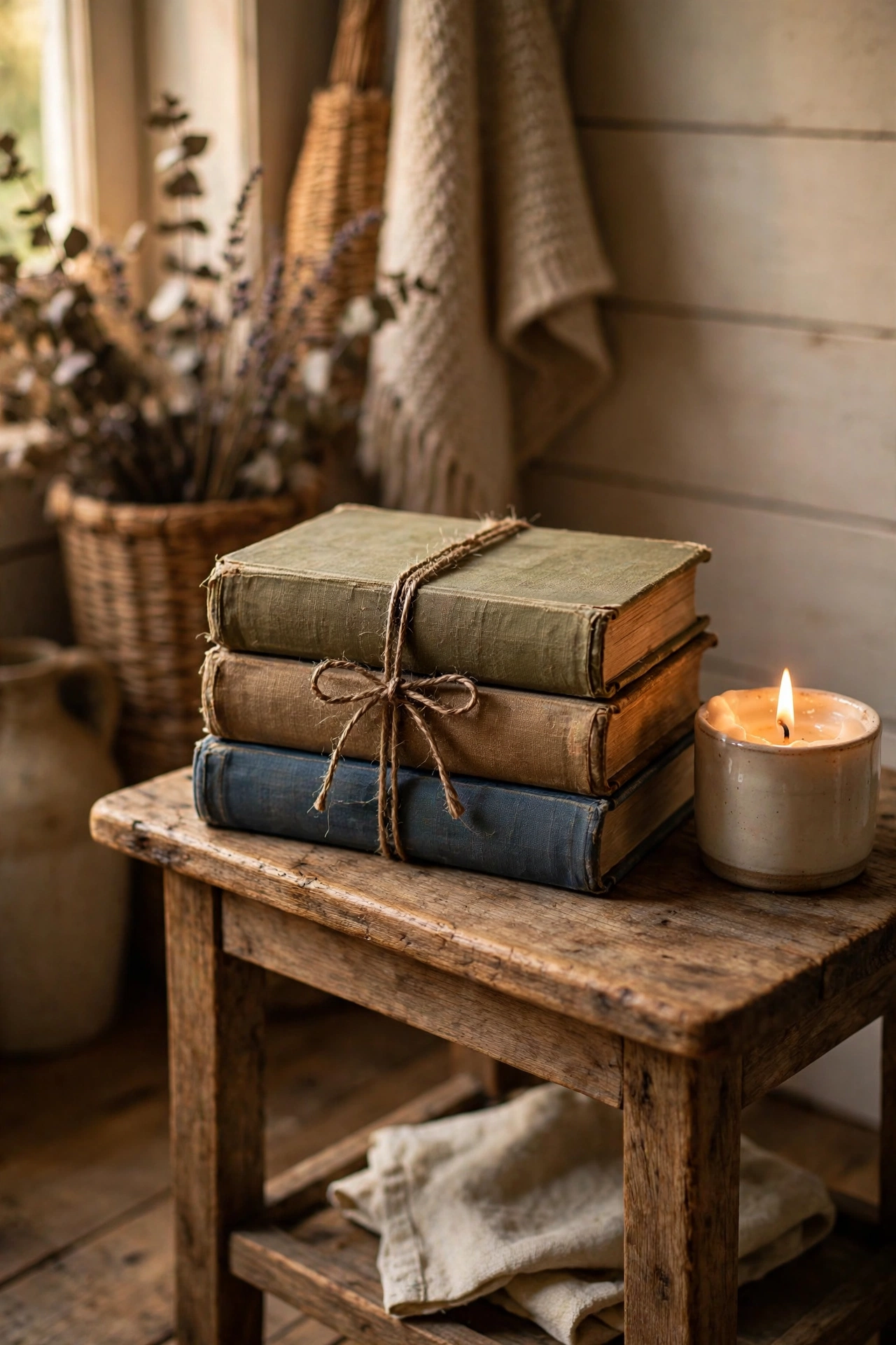 Stack of vintage cloth-bound books tied with twine on a farmhouse side table