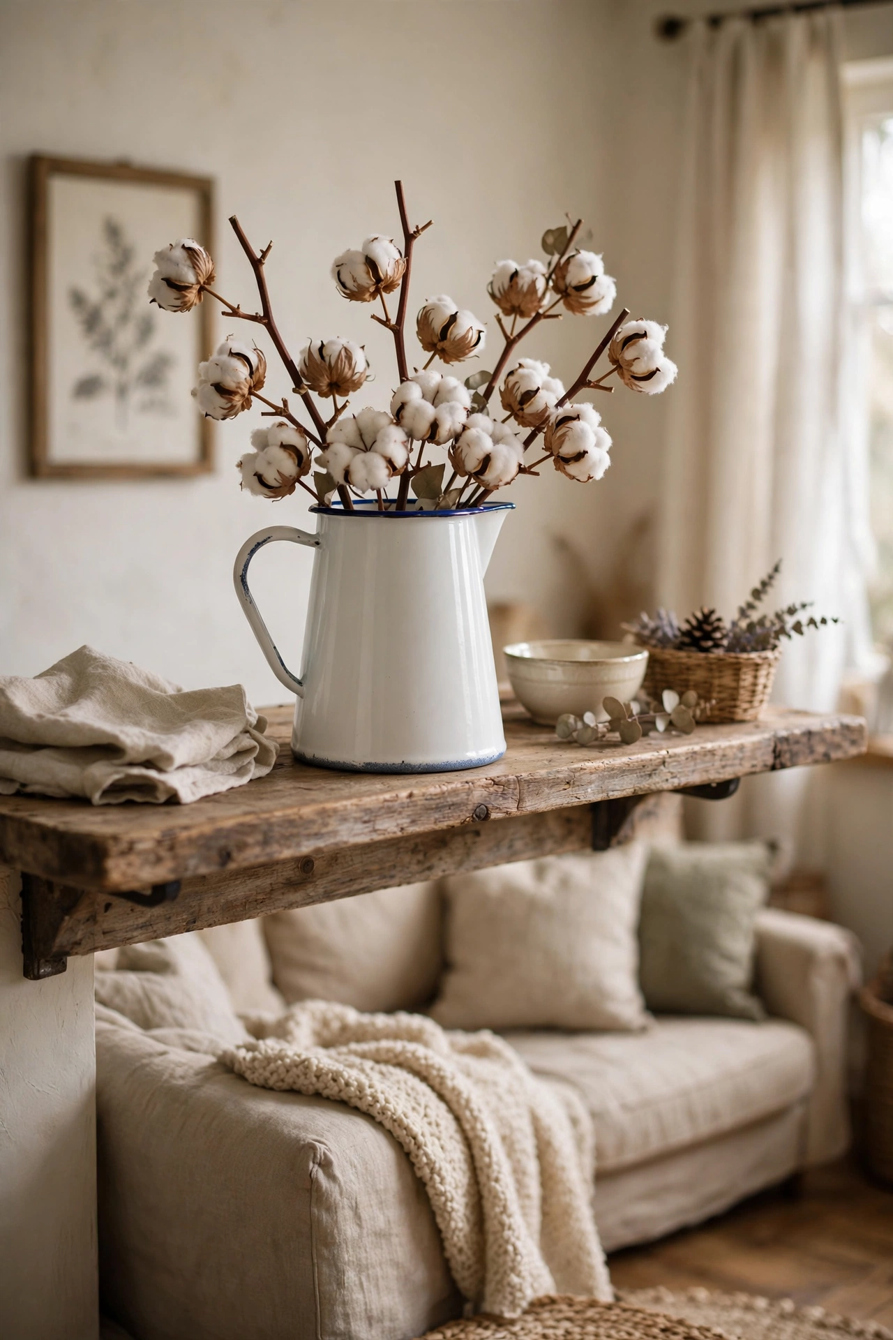 White enamelware pitcher with blue rim used as a vase in a farmhouse living room