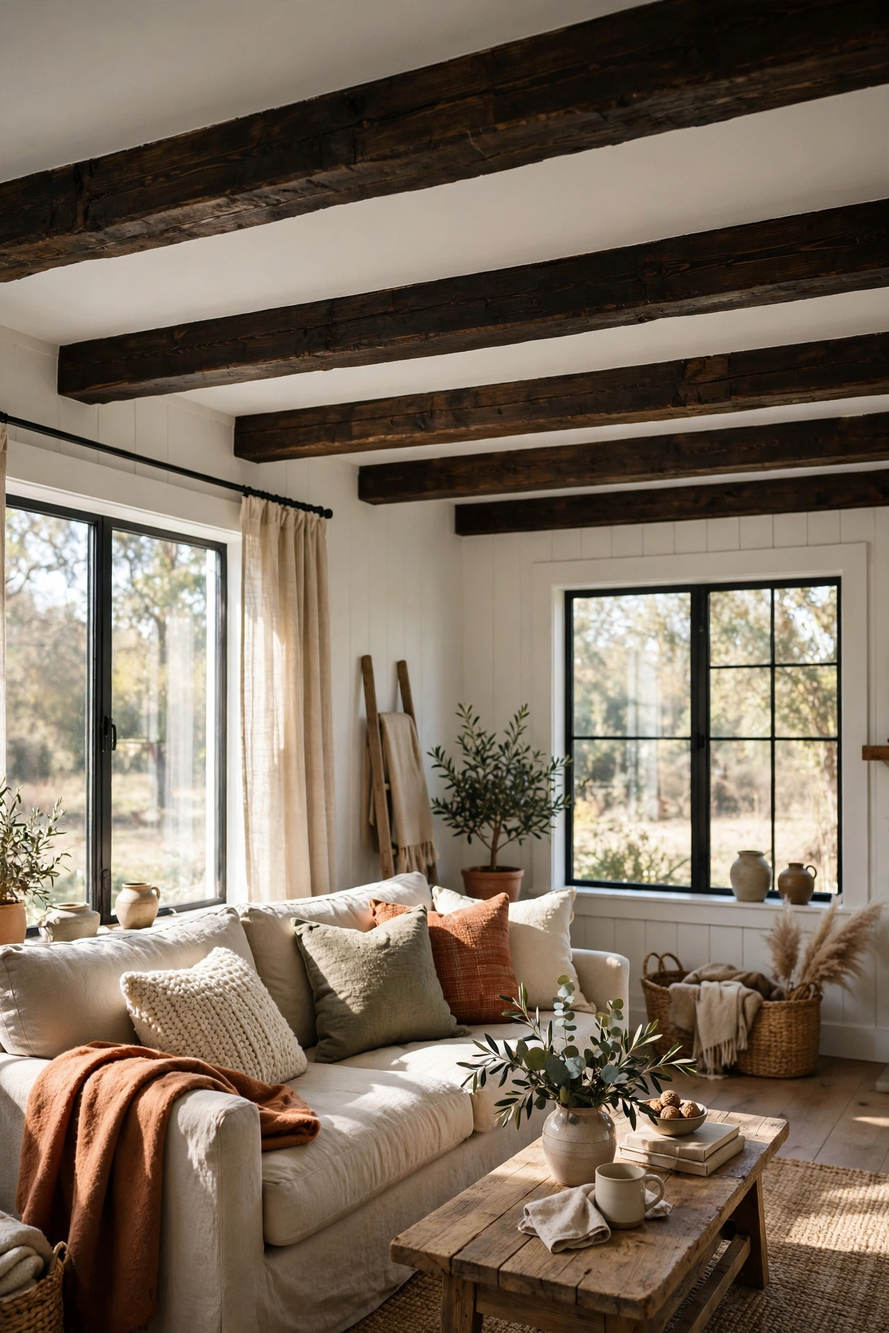 Dark stained wood beams mounted across a white farmhouse living room ceiling