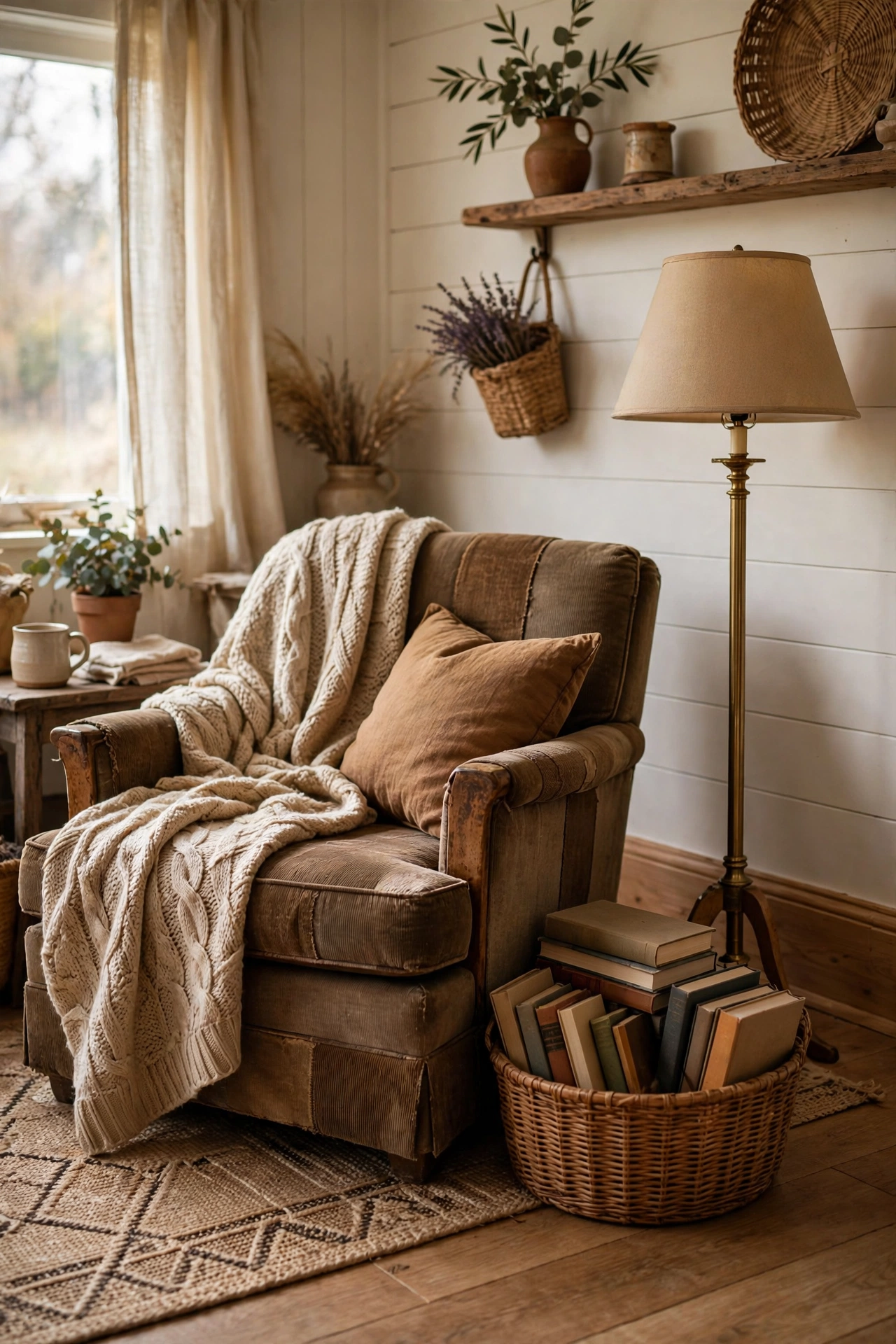 Cozy farmhouse reading corner with a thrifted armchair throw and basket of books