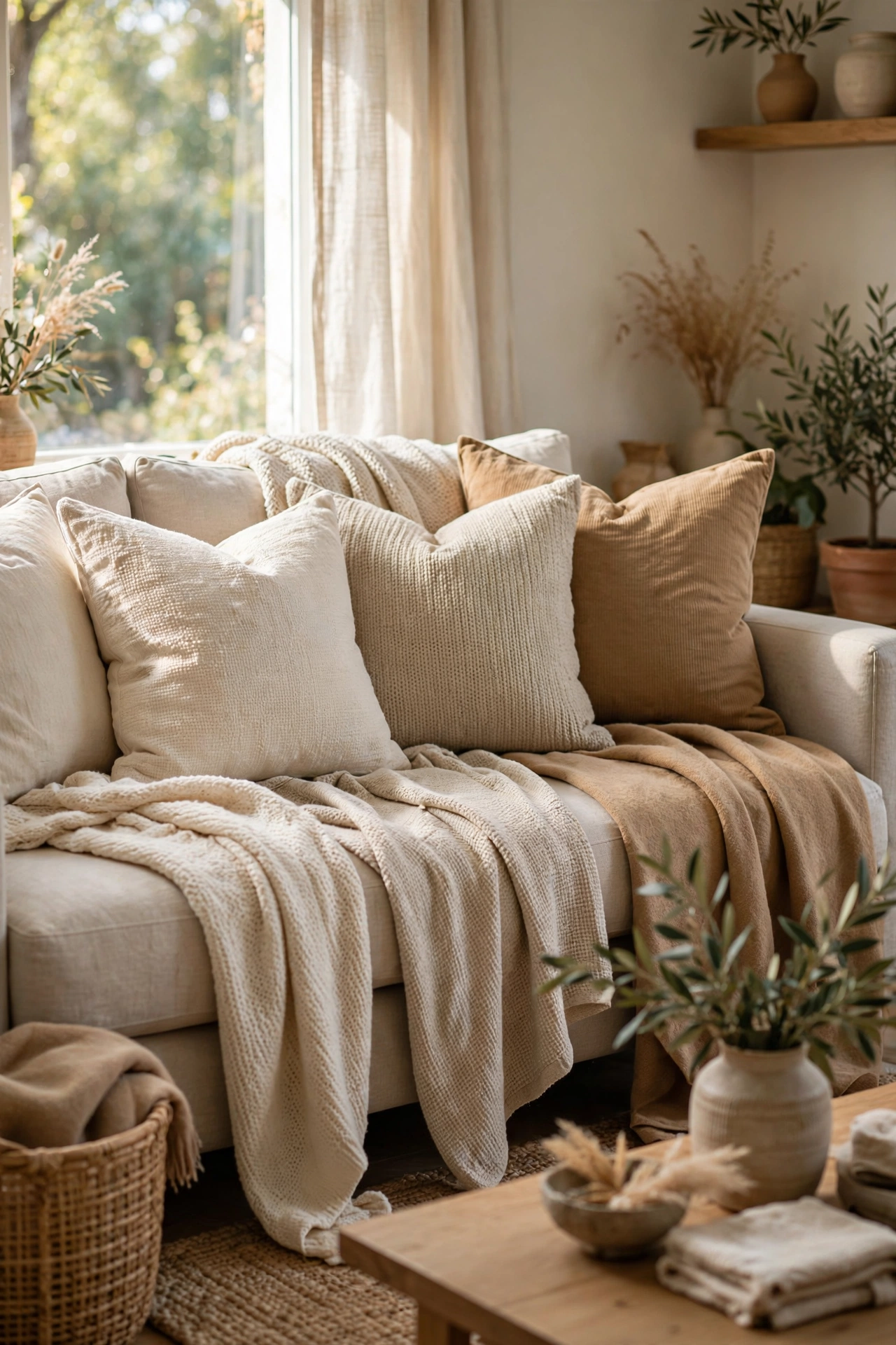 Sofa layered with cream oatmeal and camel beige pillows and throws