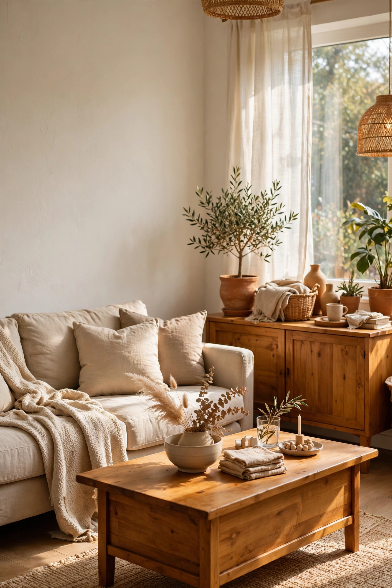 Living room walls painted warm white with beige furniture glowing