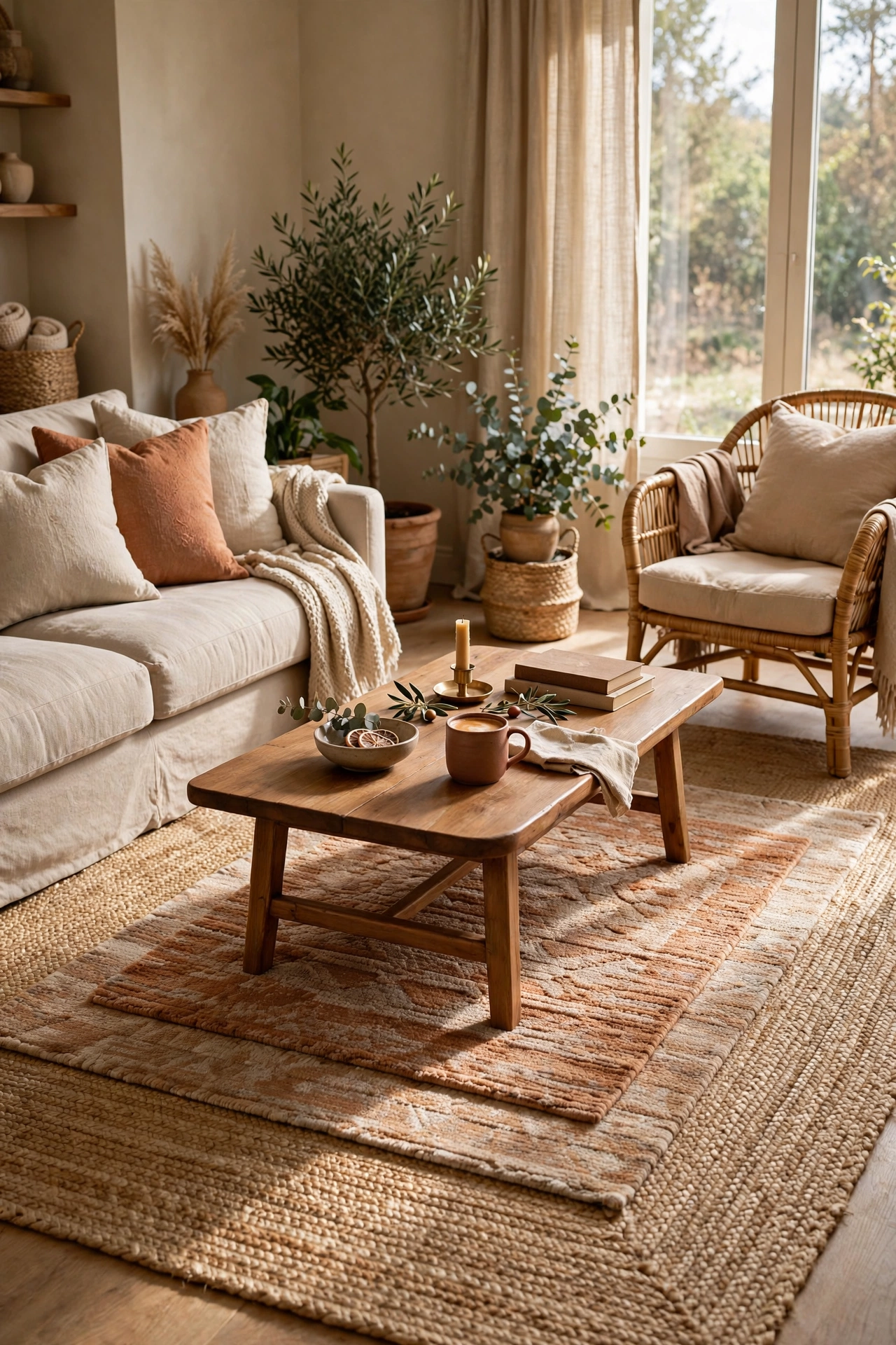 Natural jute area rug as foundation under coffee table in beige living room