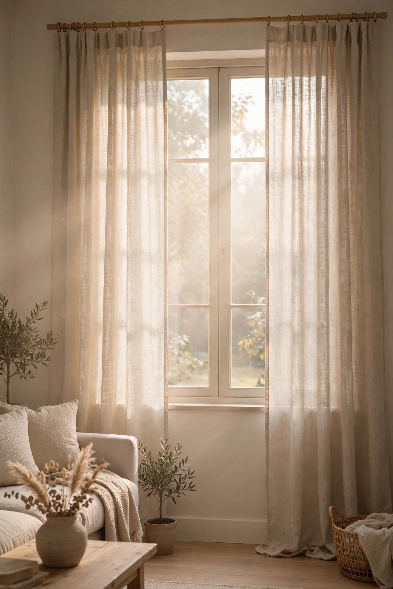 Oatmeal linen look curtains filtering warm light in beige living room