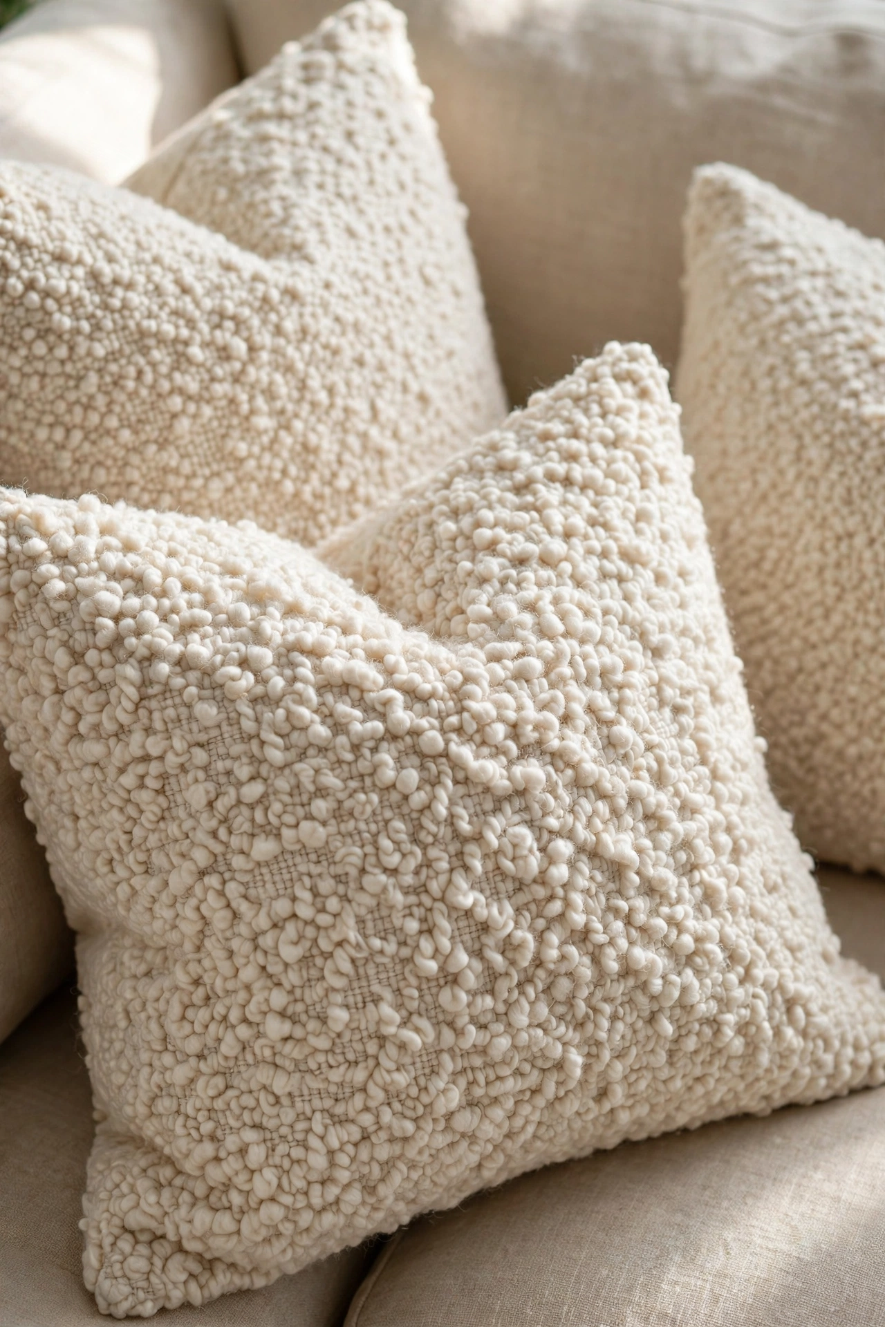 Cream boucle throw pillows with nubby texture on beige sofa