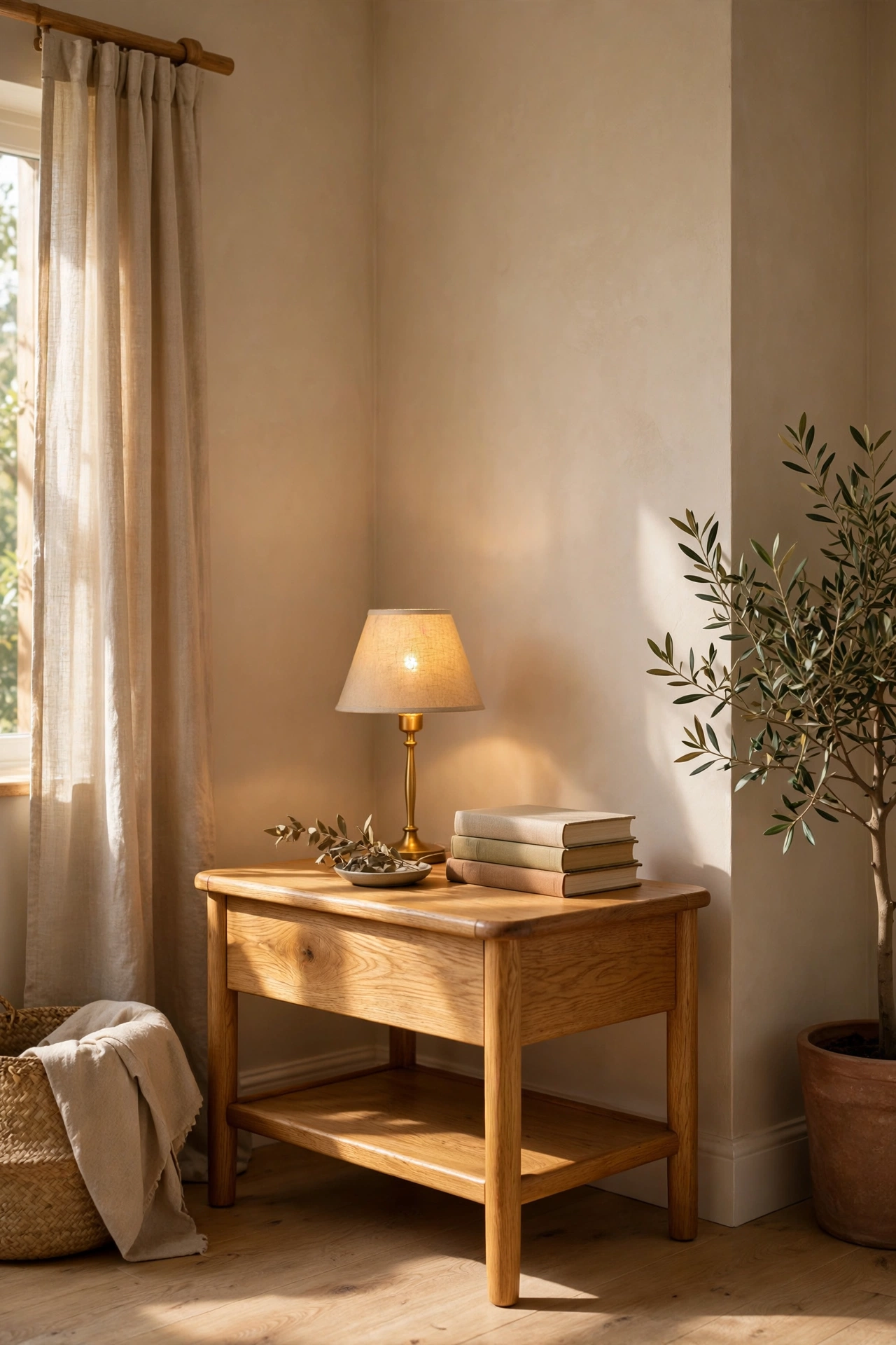 Honey toned oak wood side table in warm beige living room