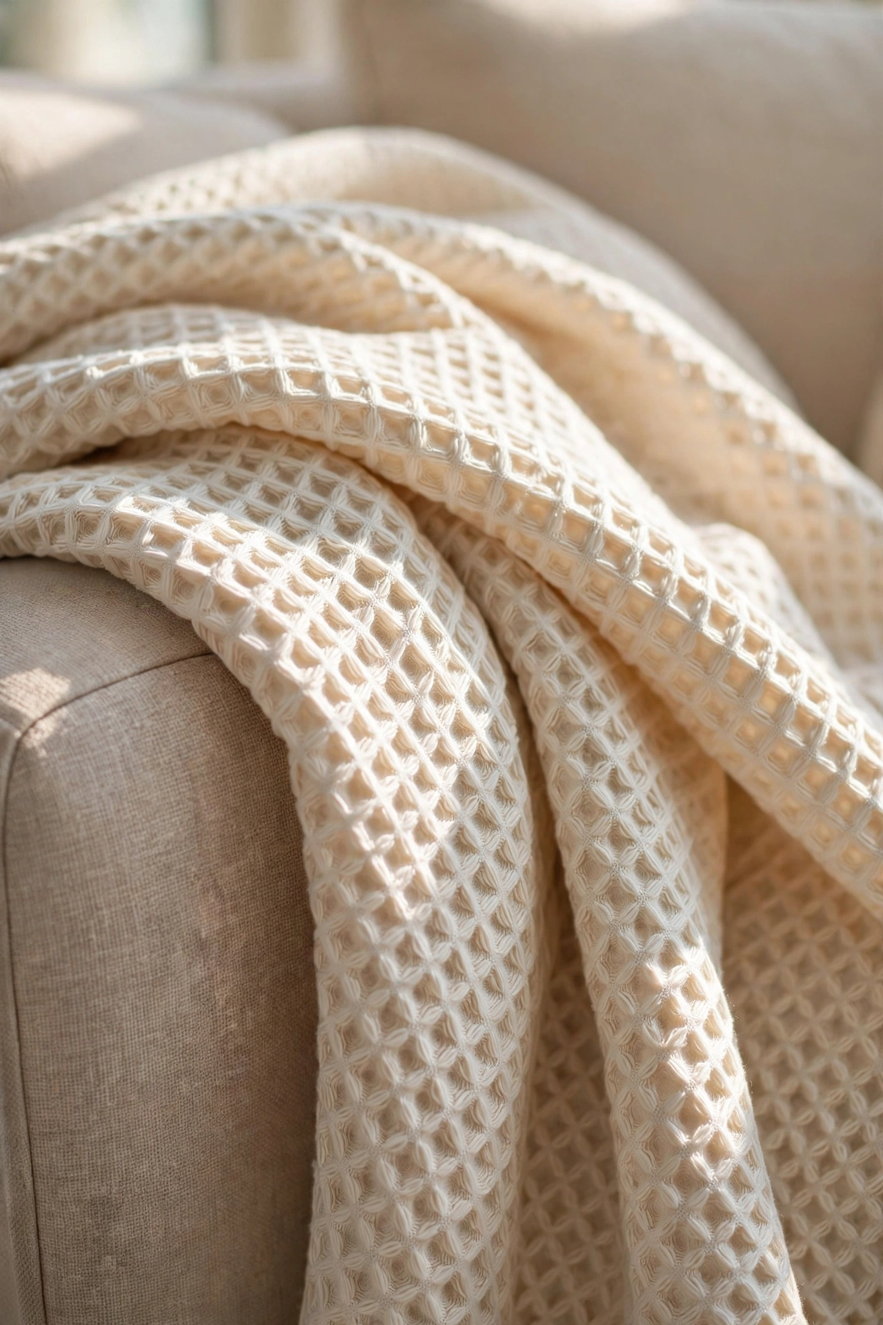 Cream waffle weave throw blanket draped over sofa arm
