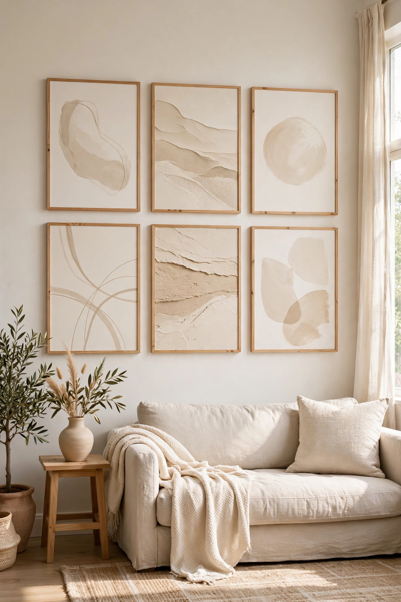 Gallery wall of beige abstract art in natural wood frames