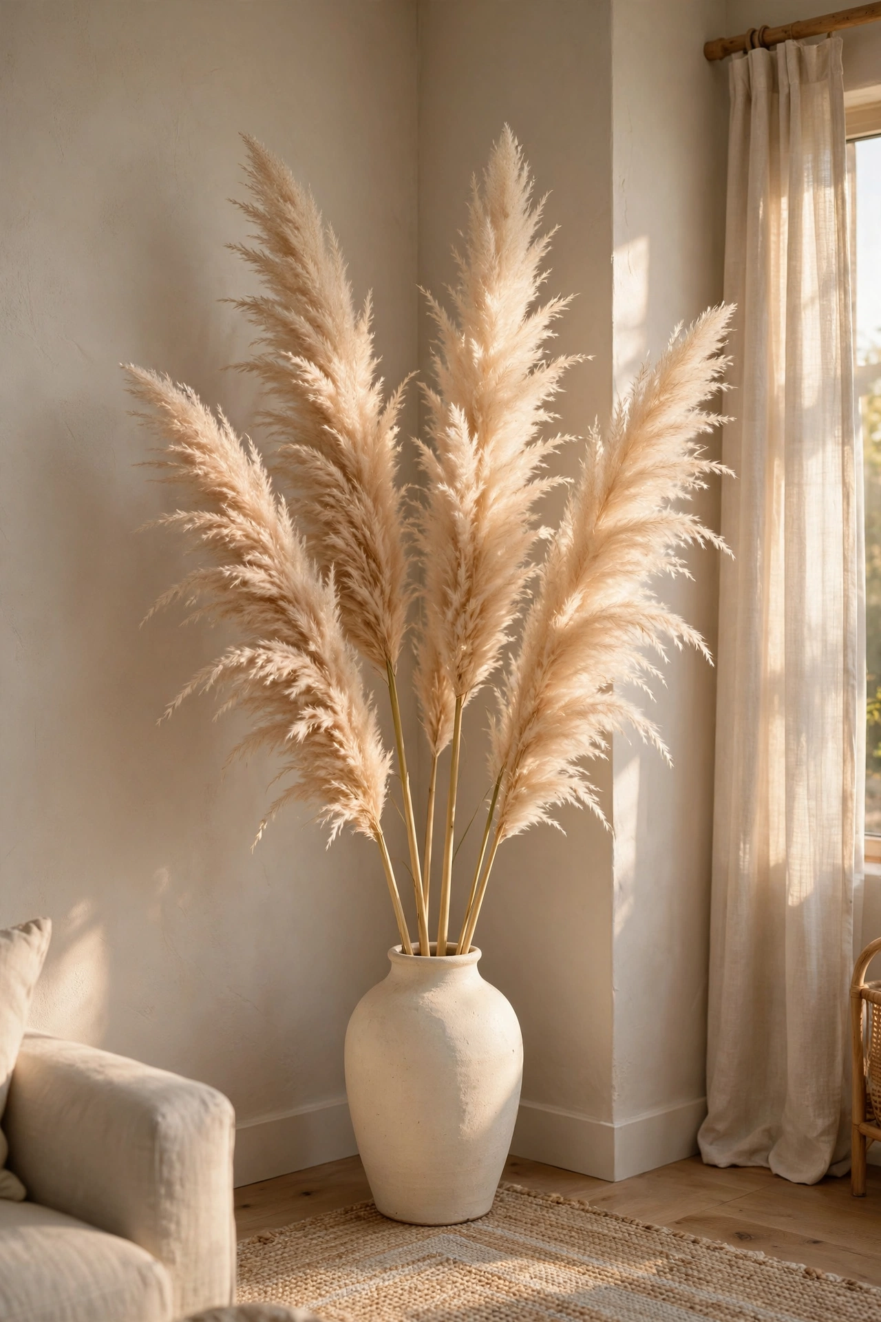 Pampas grass plumes in cream ceramic vase in beige living room corner