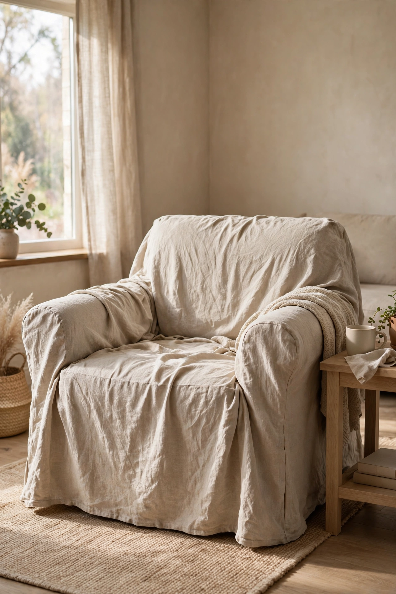 Oatmeal slipcovered armchair with relaxed linen look in living room