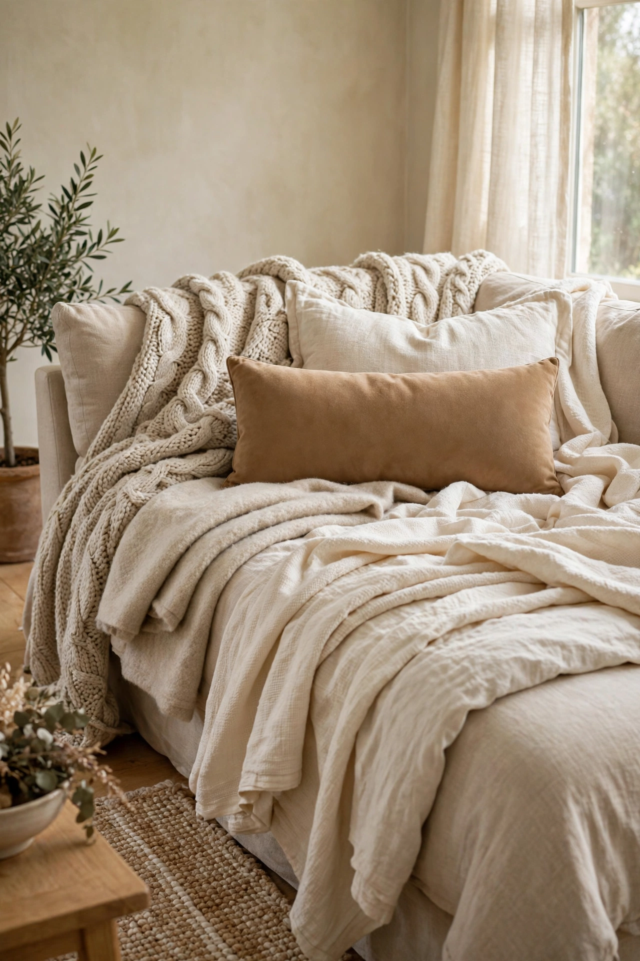 Sofa layered like bedding with oatmeal cream and camel throws