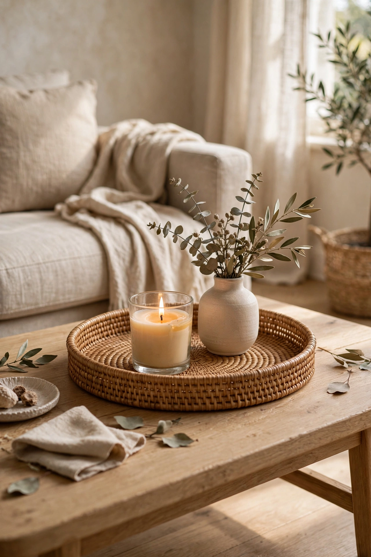 Rattan tray and cane accents on coffee table in beige living room