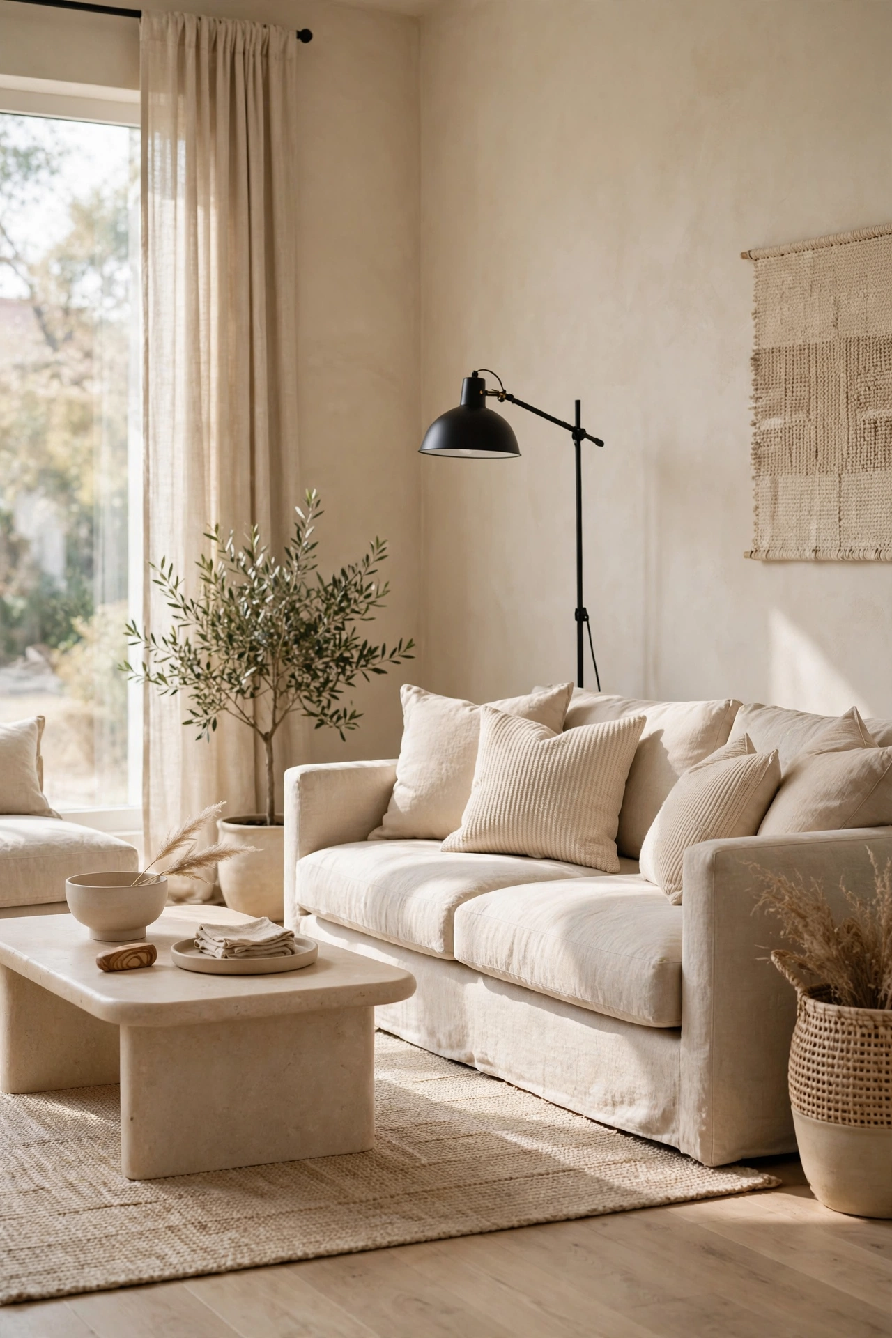 Beige living room grounded by black metal floor lamp