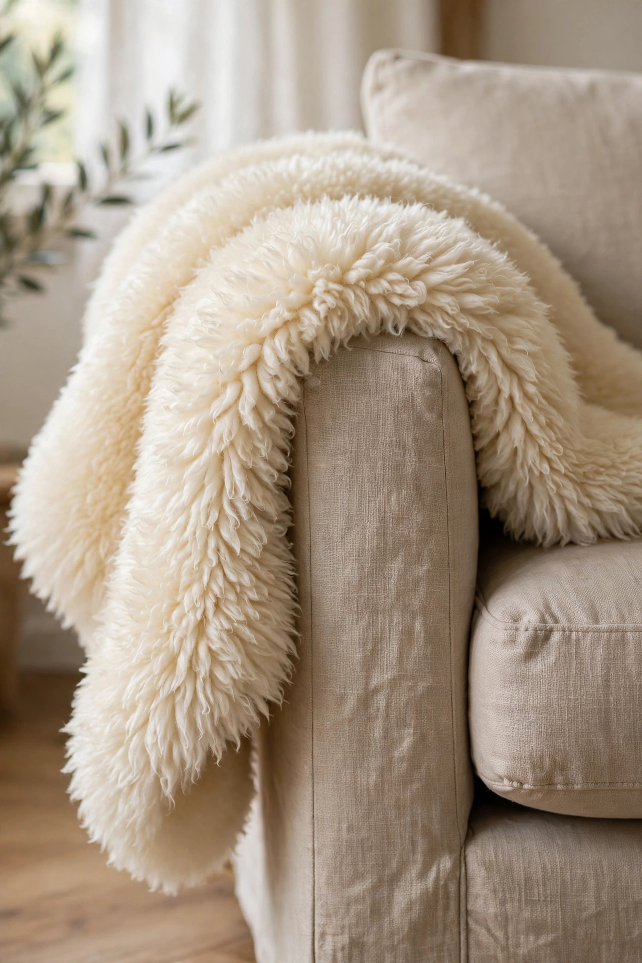 Cream faux sheepskin draped over beige sofa corner
