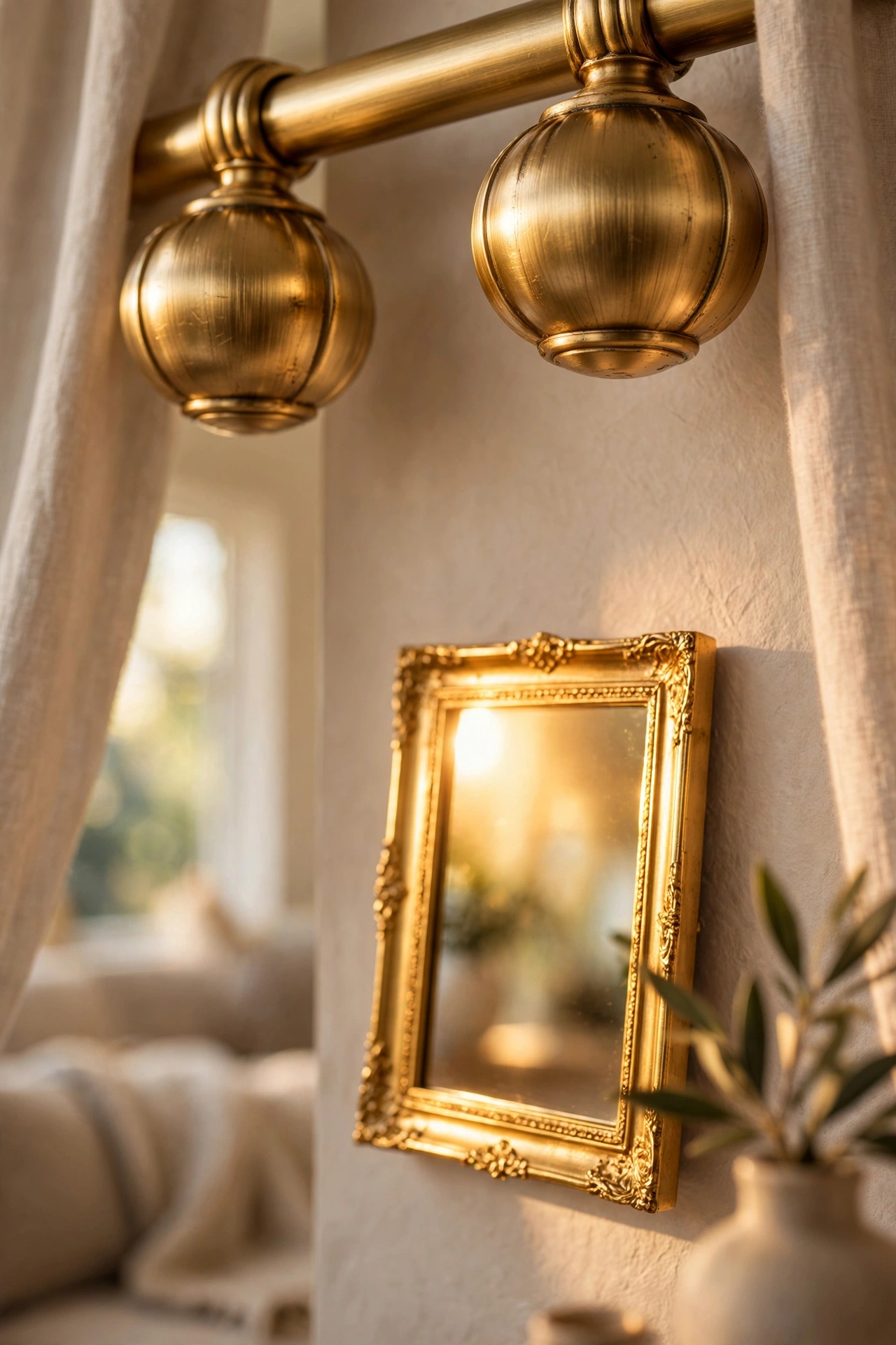 Brushed gold curtain finials and mirror frame glowing in beige living room