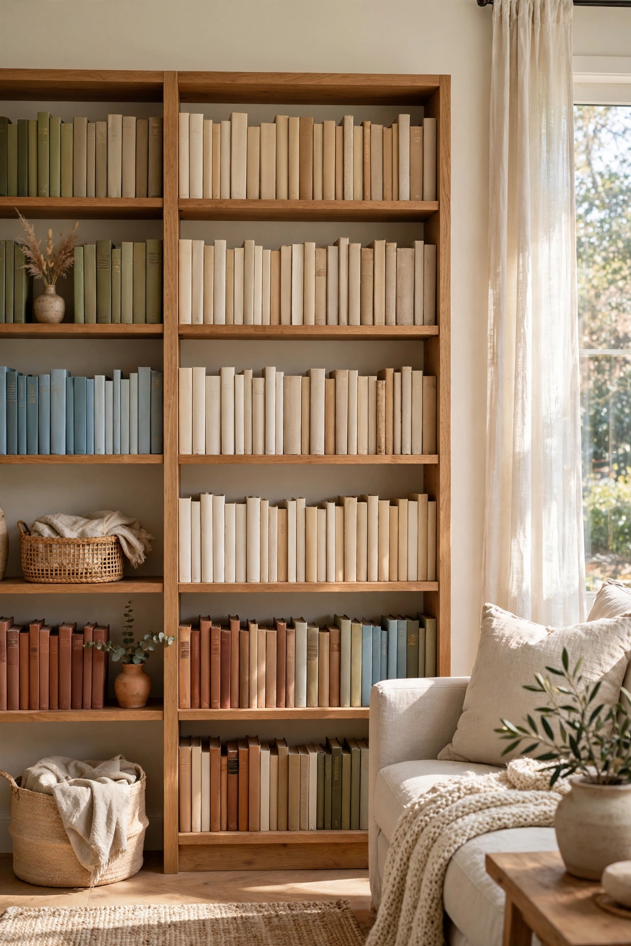 Bookshelf with cream tan and beige book spines grouped by color
