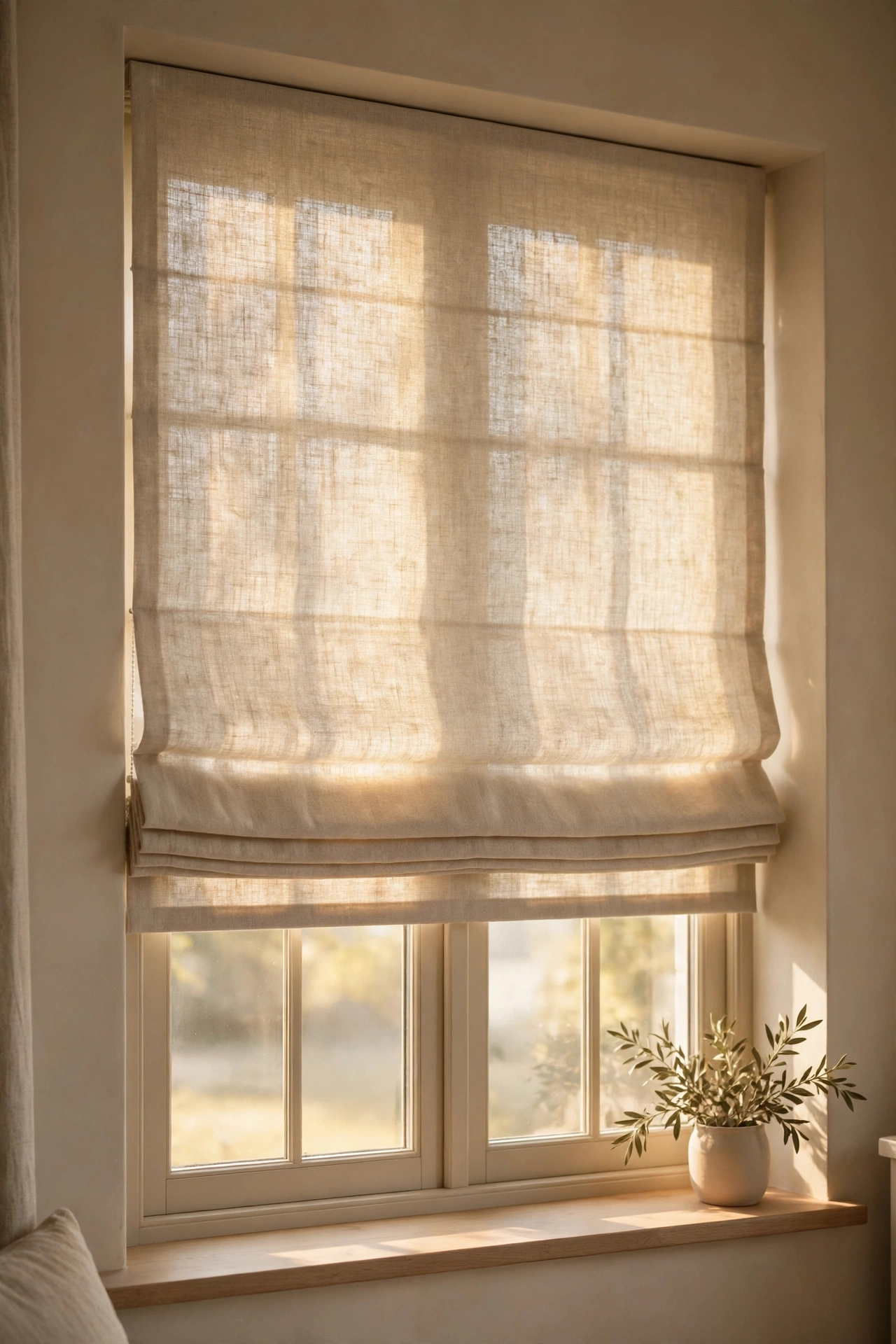 Oatmeal roman shades filtering buttery light in beige living room
