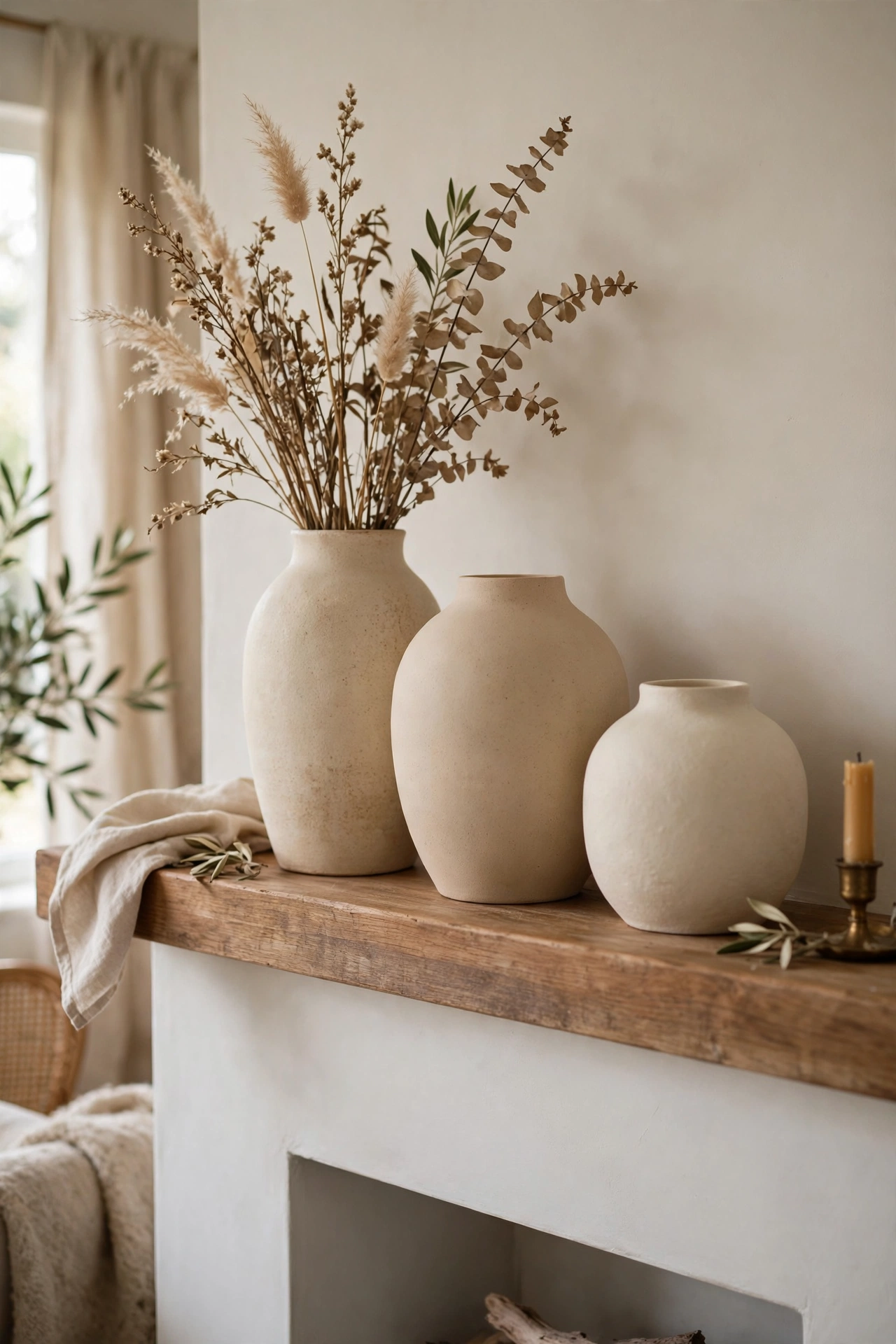 Cluster of cream and sand ceramic vases on living room mantel