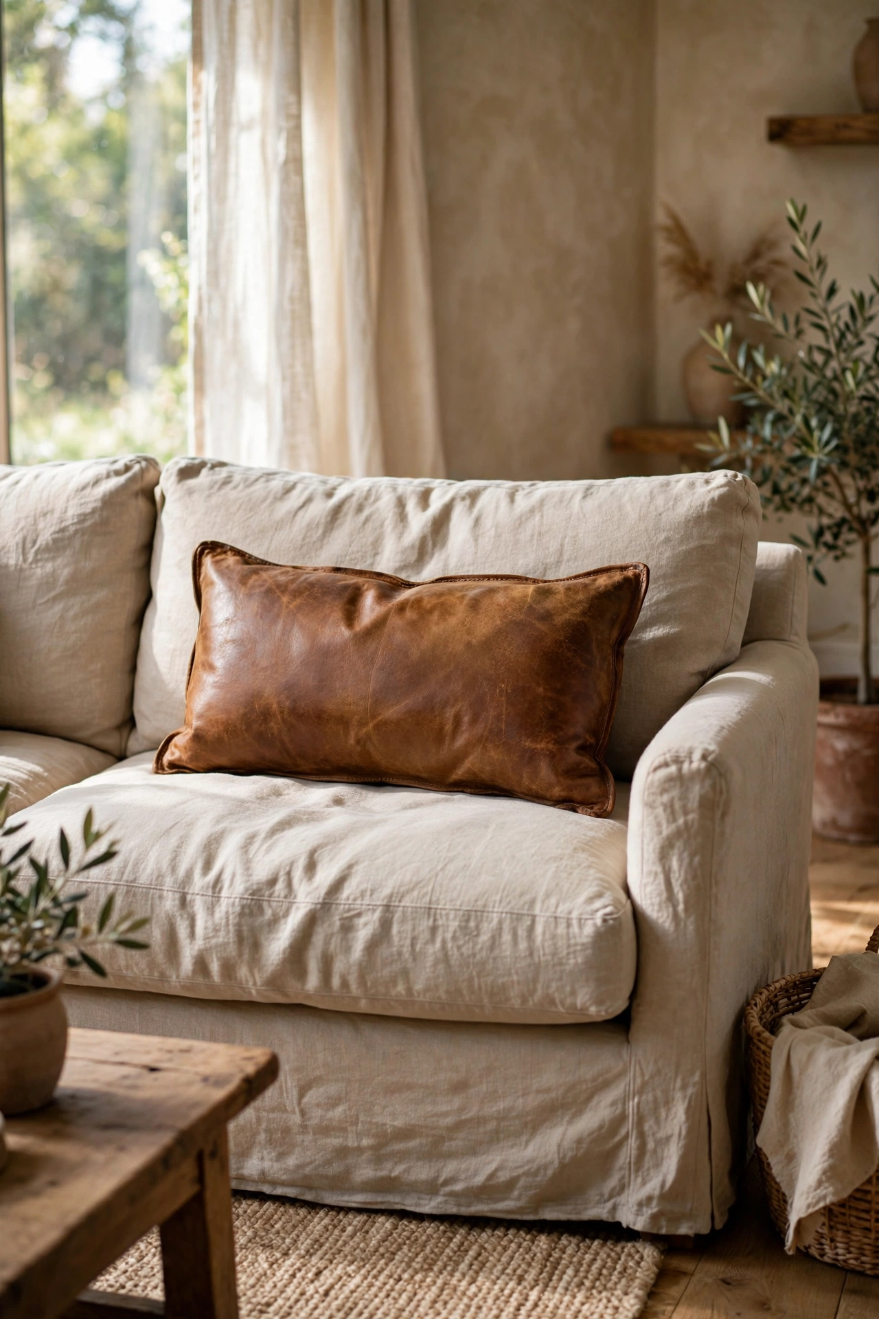 Camel leather lumbar pillow on beige sofa