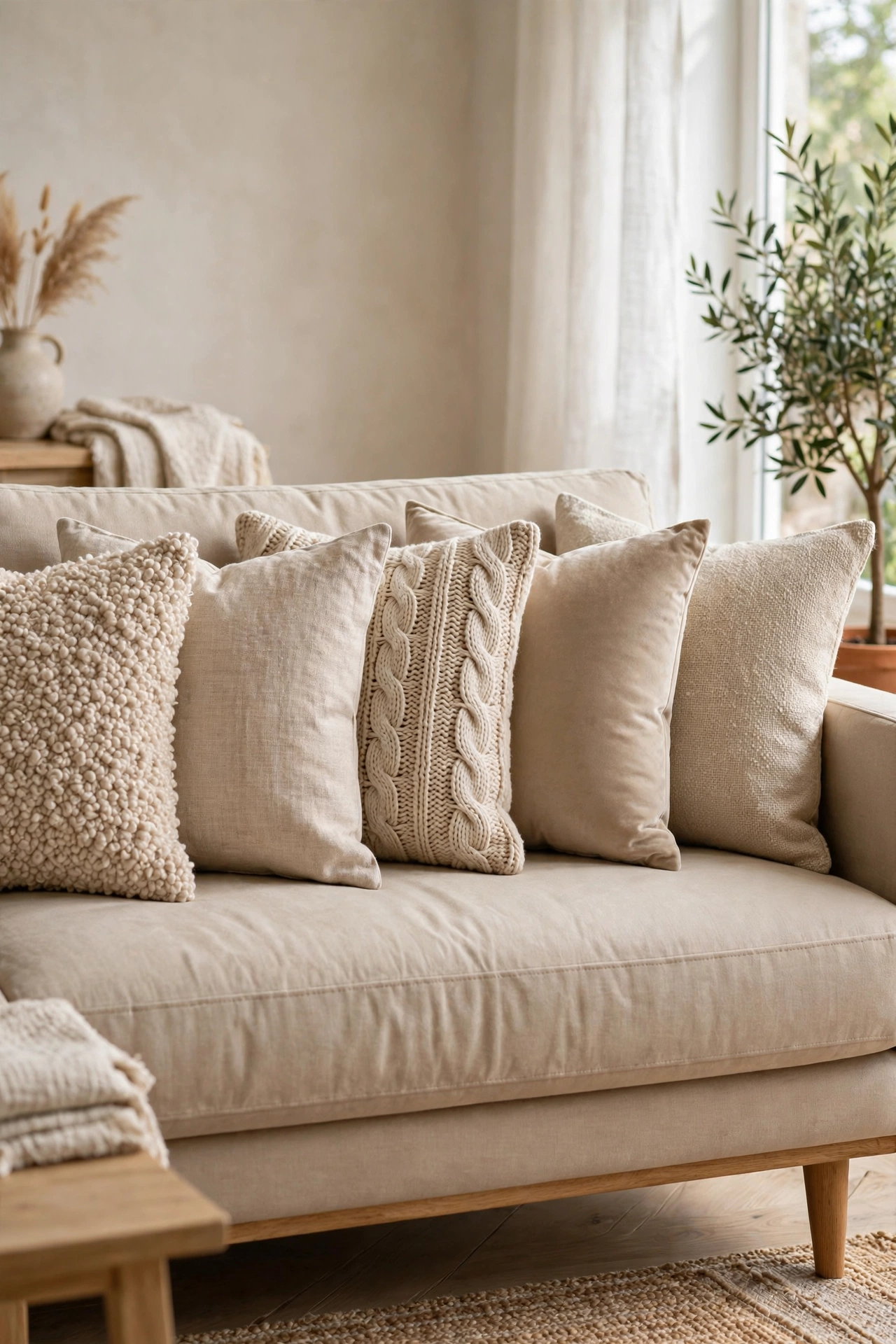 Beige sofa with five pillows in different textures boucle linen knit velvet canvas