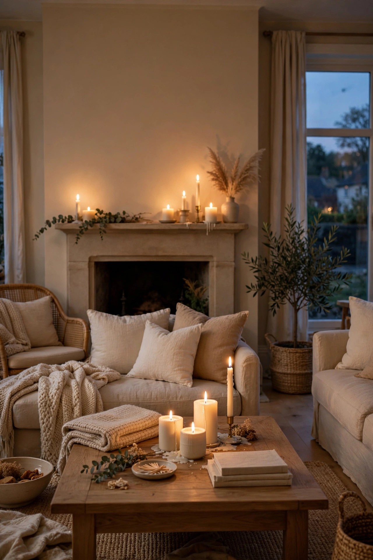 Cream and ivory candles lit at dusk in warm beige living room