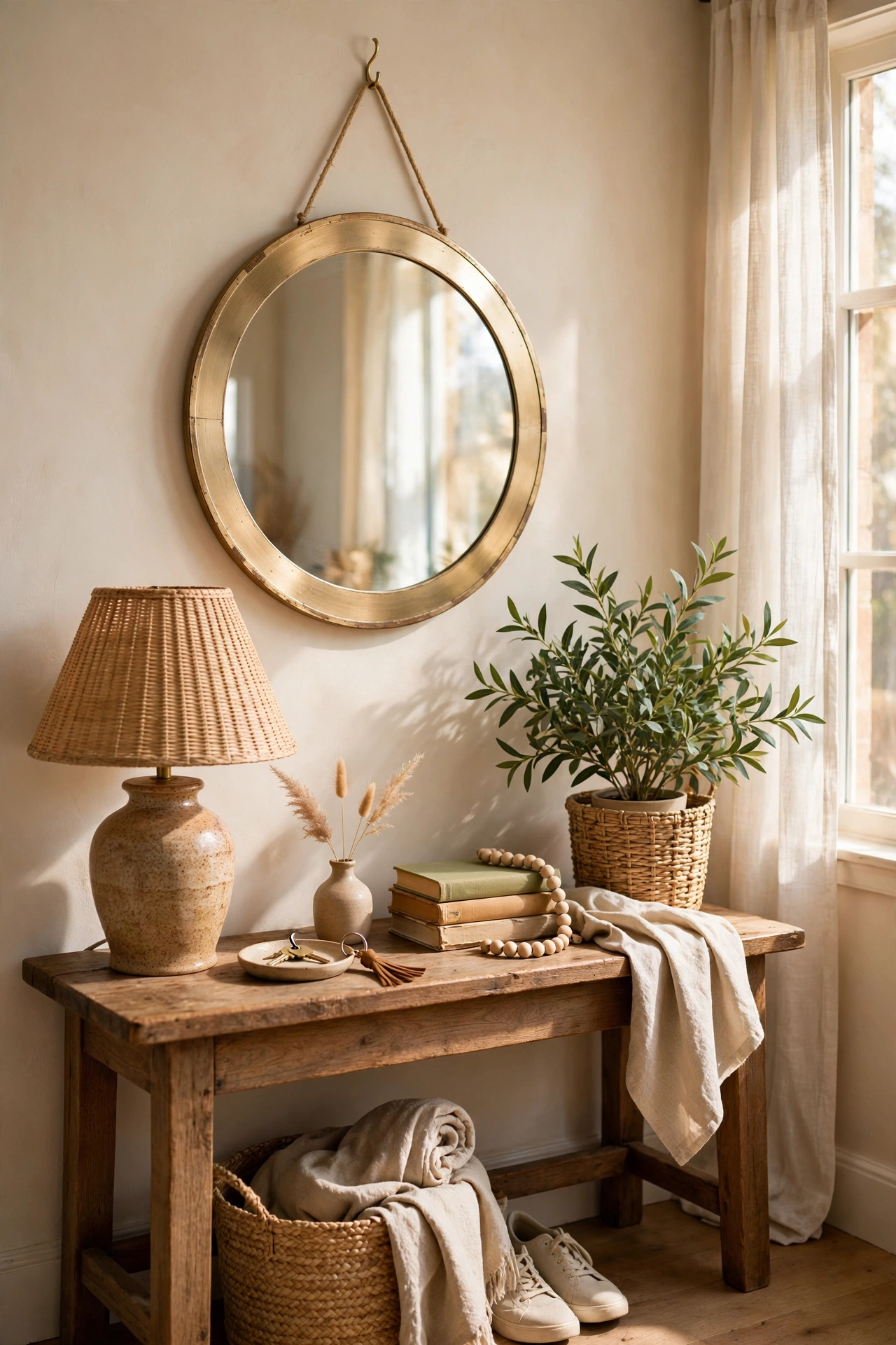 Gold-look round mirror above a styled entryway console table