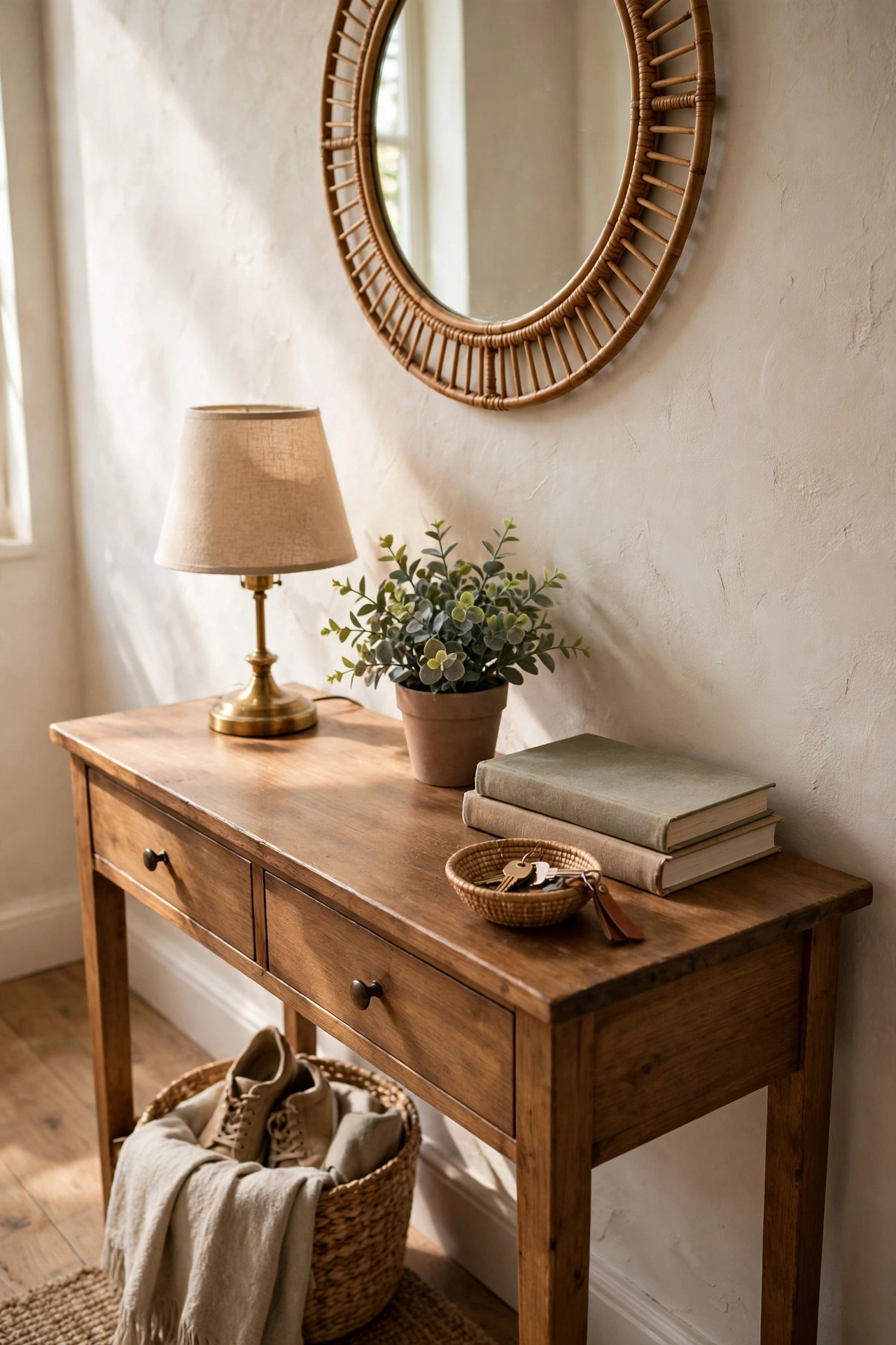 Entryway console styled with lamp, plant and stacked books
