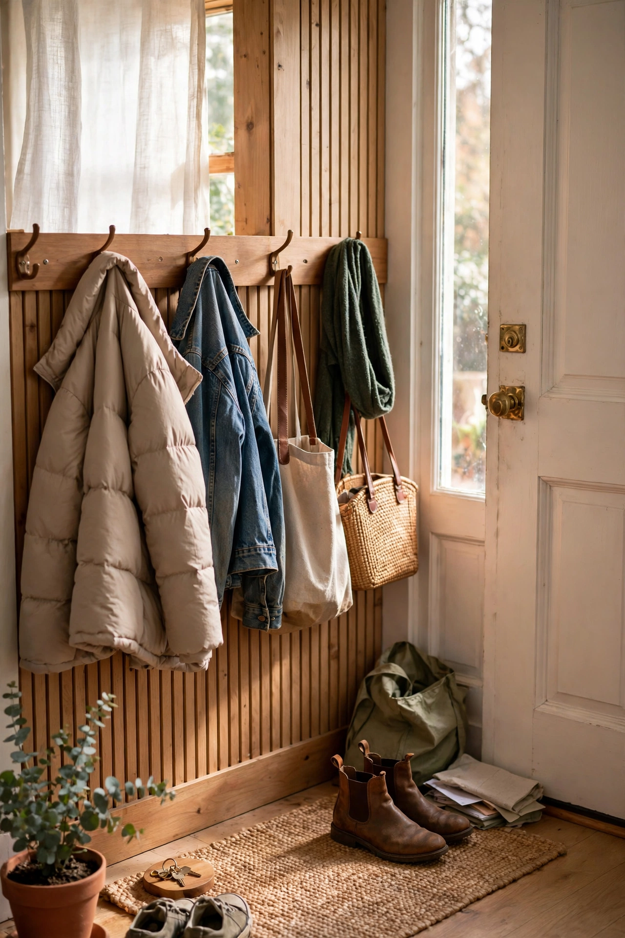 Wall hook rail with coats and bags by a front door