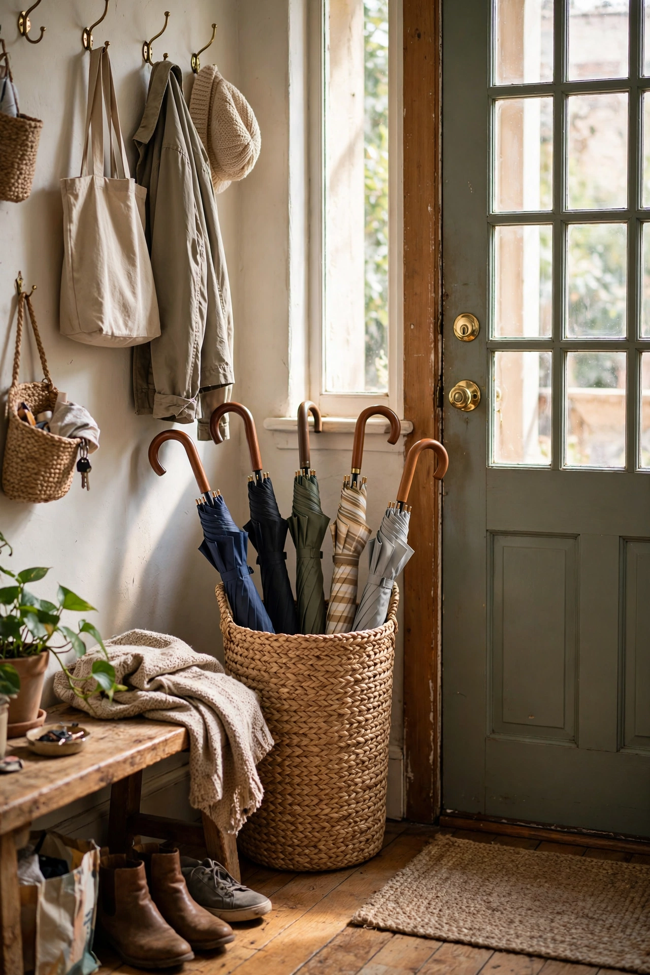 Woven basket used as an umbrella stand by the door