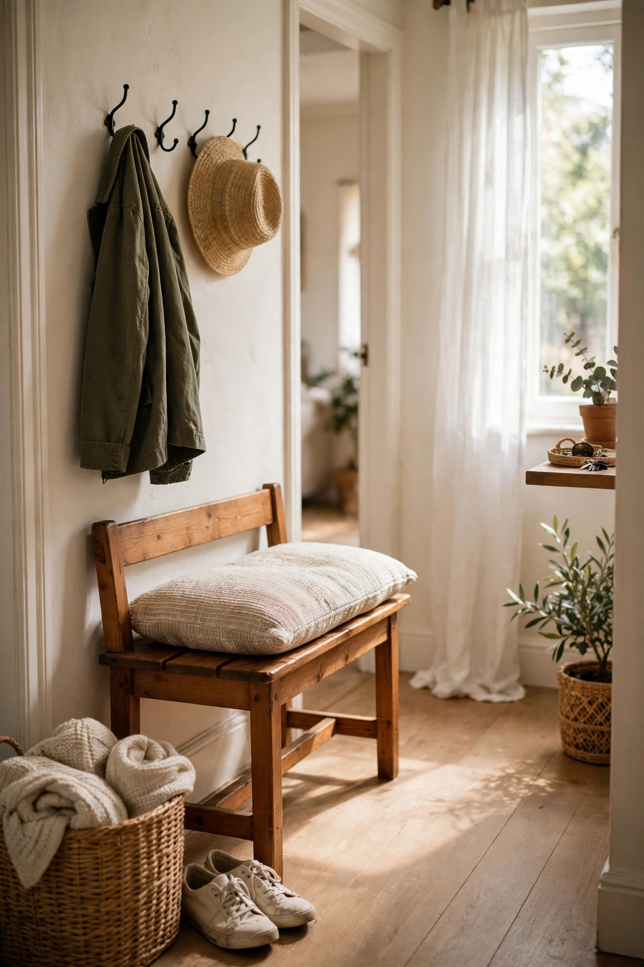 Entryway bench with a neutral cushion and throw