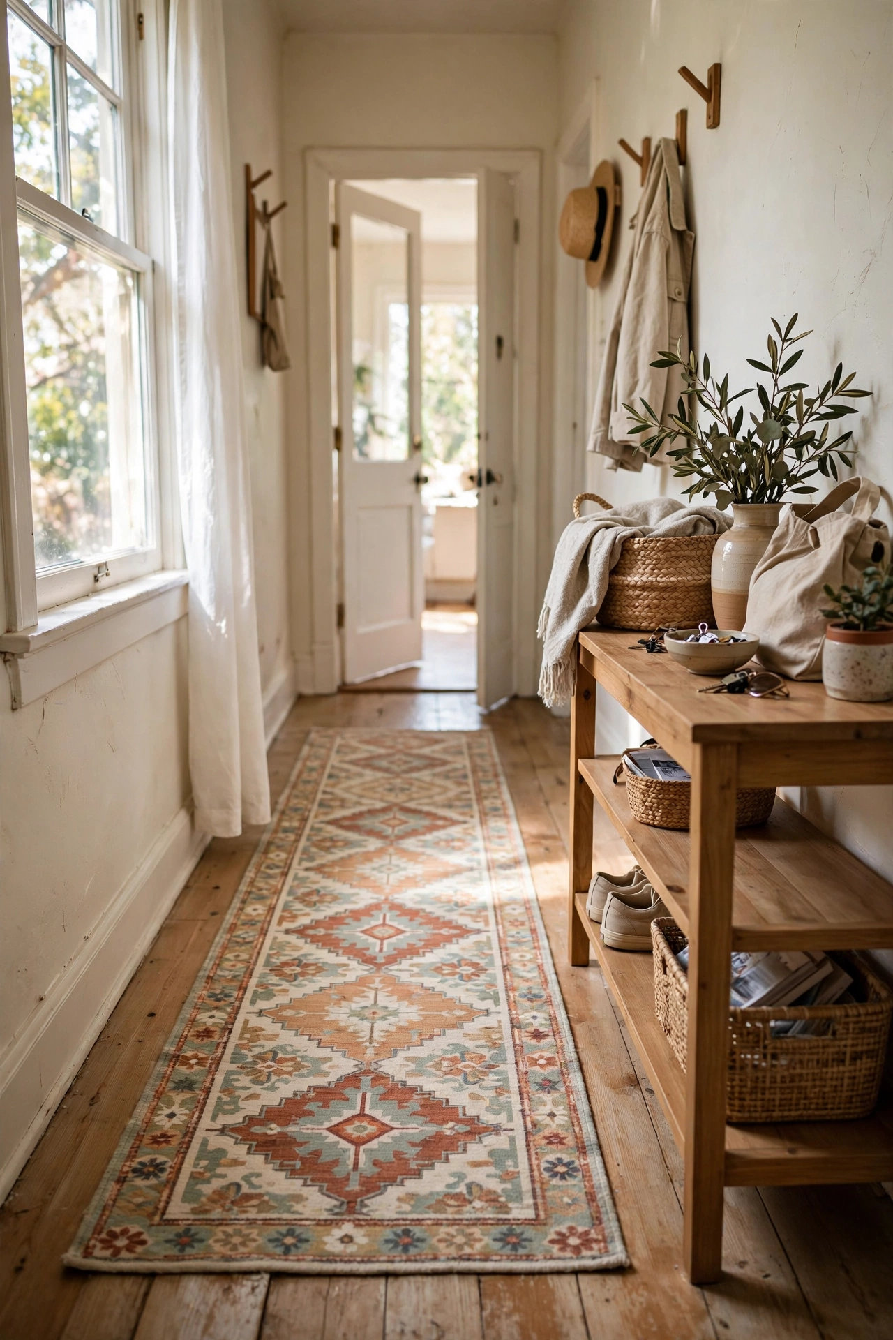 Washable runner rug down a styled hallway entryway