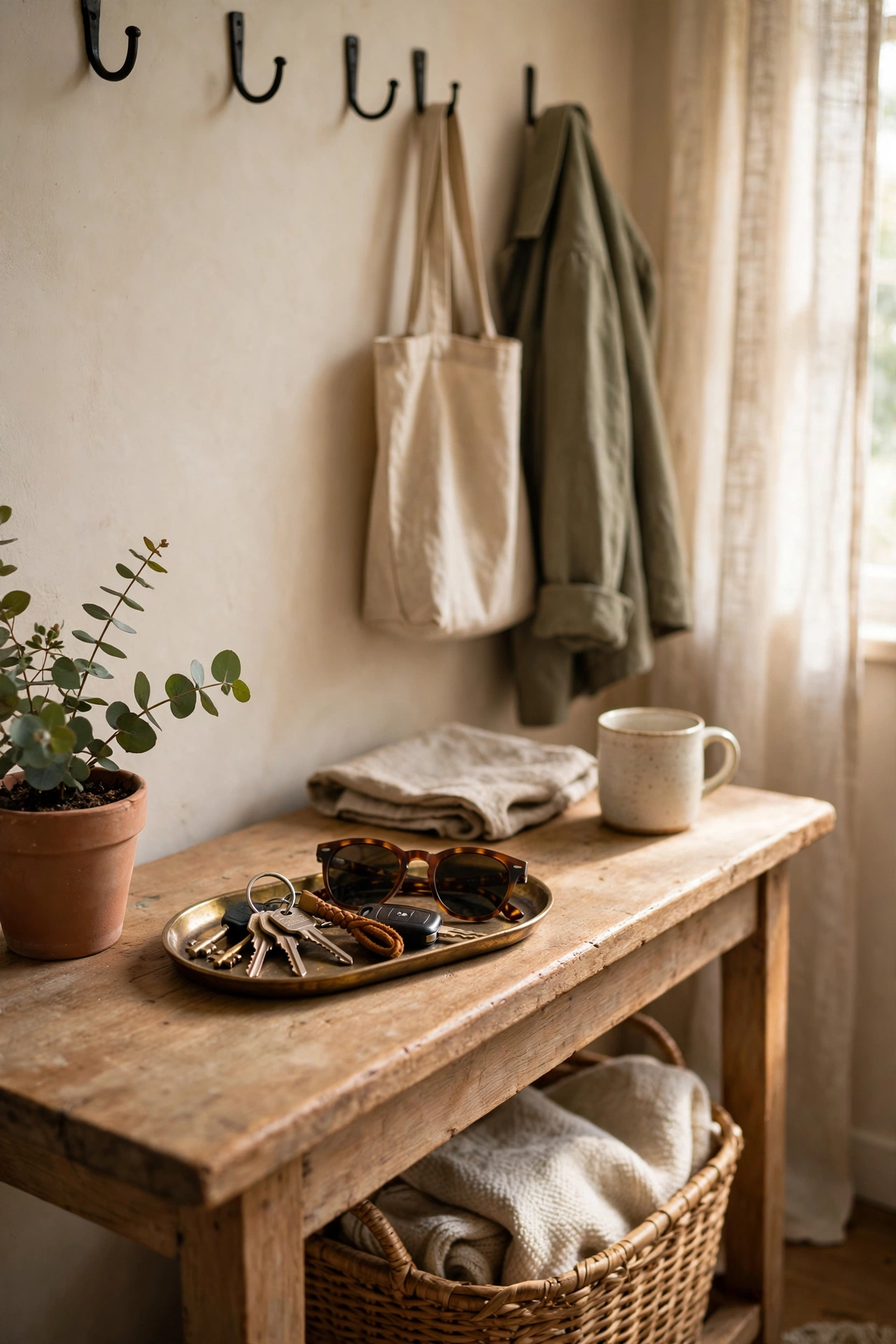 Small brass-look tray for keys and mail on a console