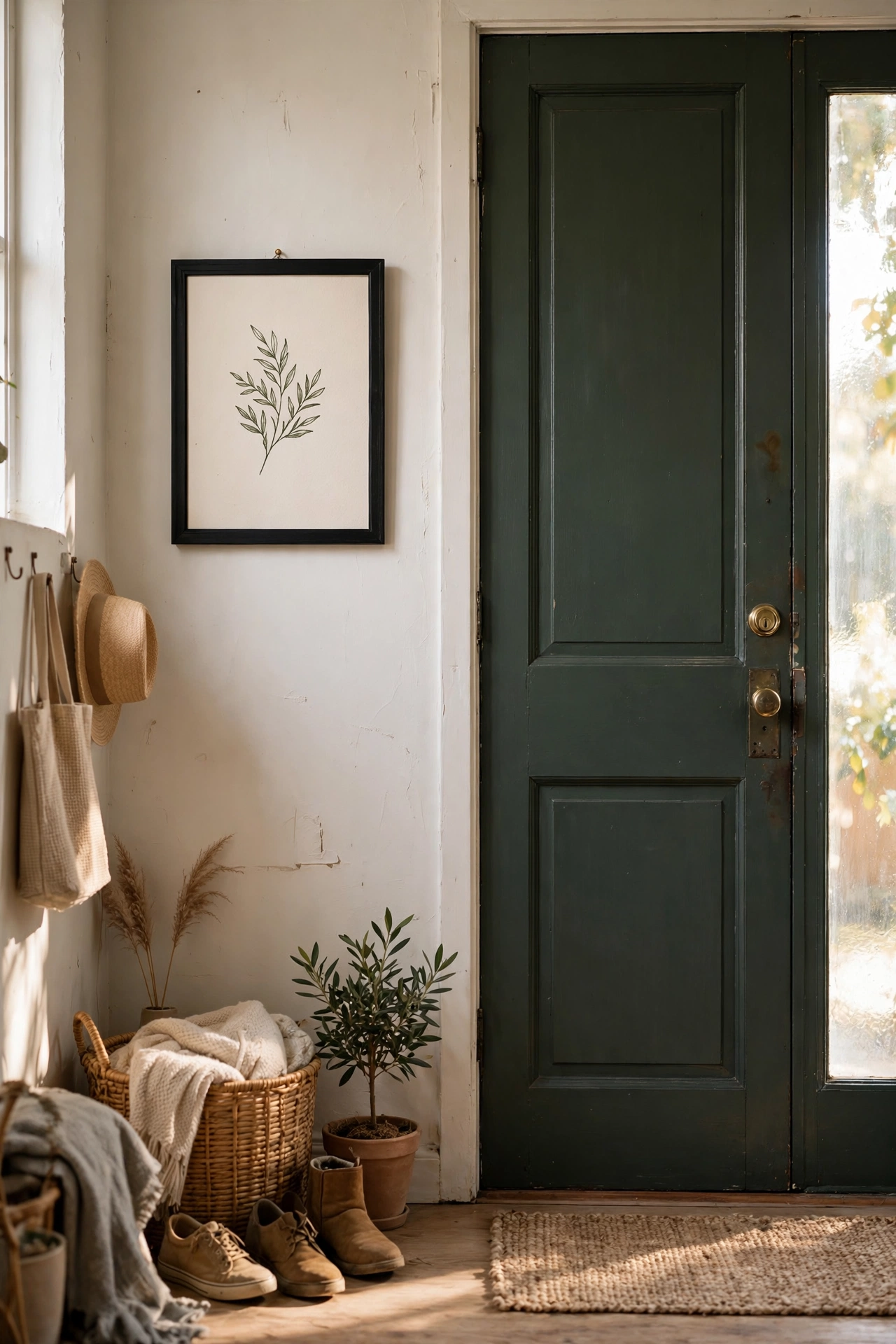 Framed hello print in a black frame beside a front door