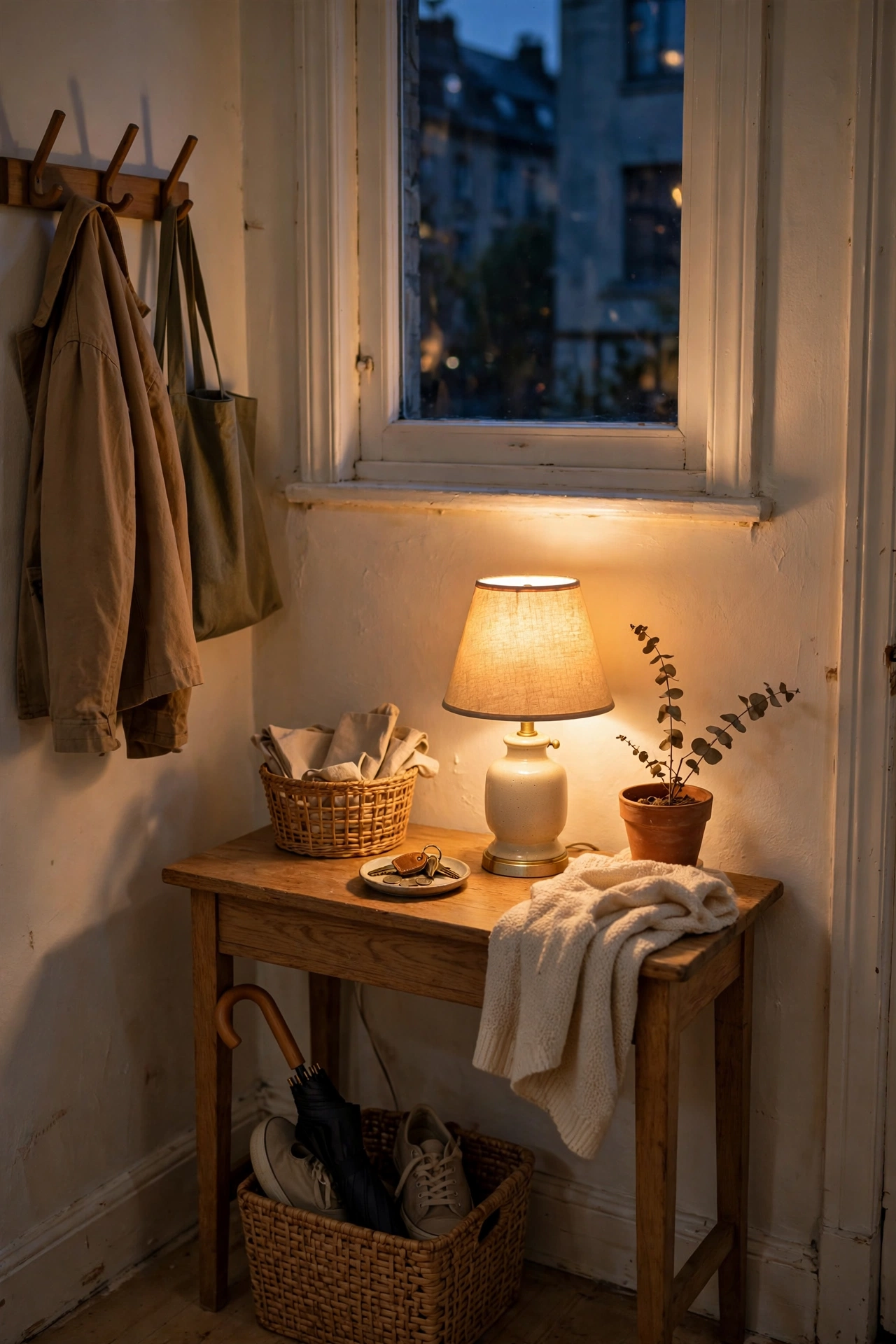 Small table lamp glowing on an entryway console in the evening