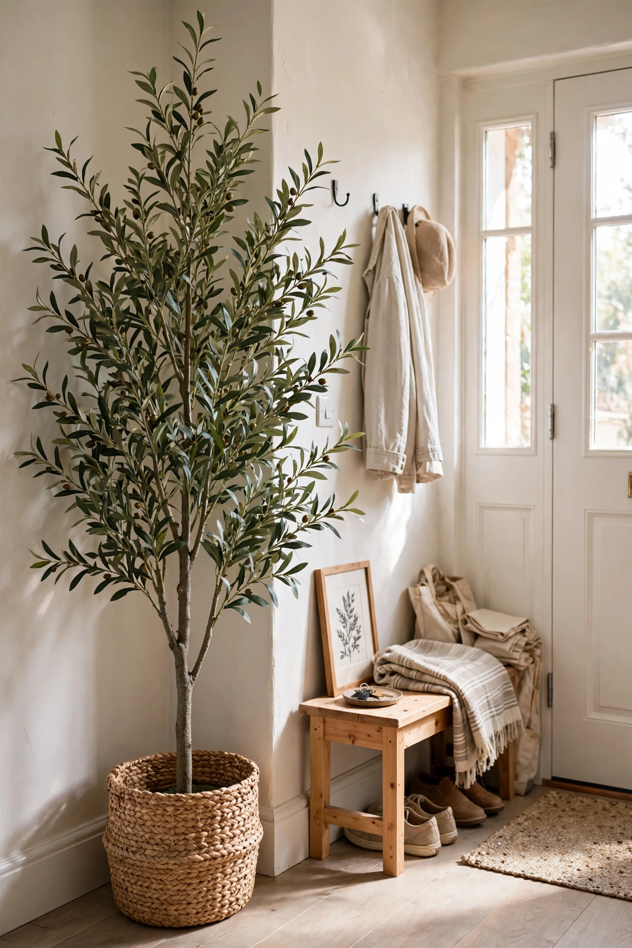 Tall faux olive tree in a woven basket in an entryway corner