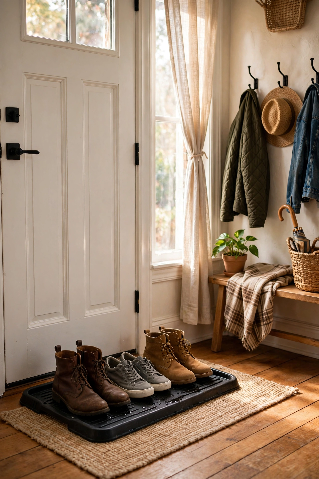Dark boot tray with shoes by a front door
