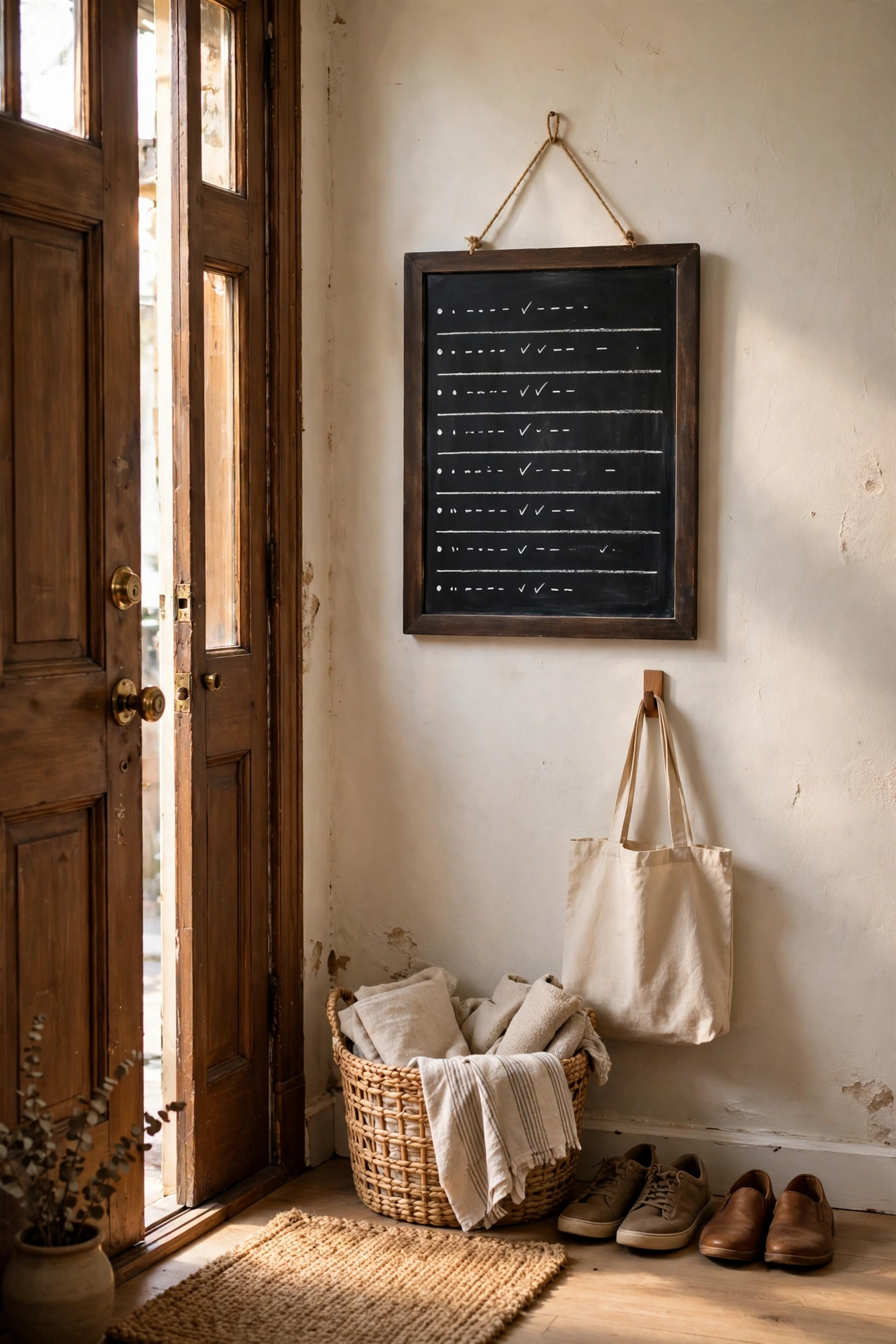 Small chalkboard with a weekly schedule by the door