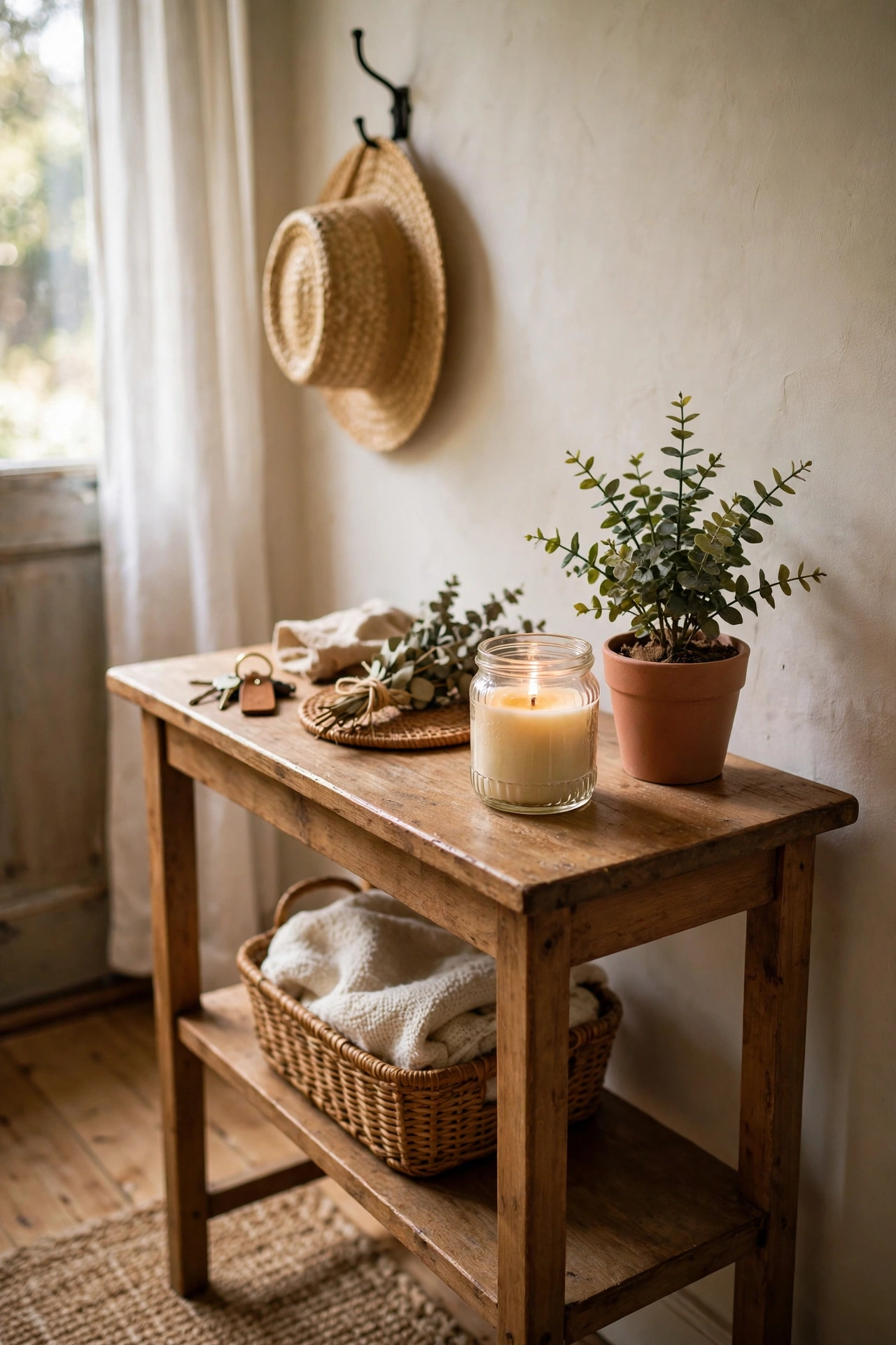 Fresh-scented candle on an entryway console table