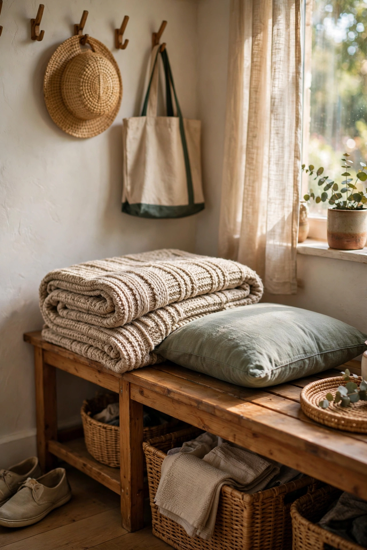 Textured throw folded on an entryway bench