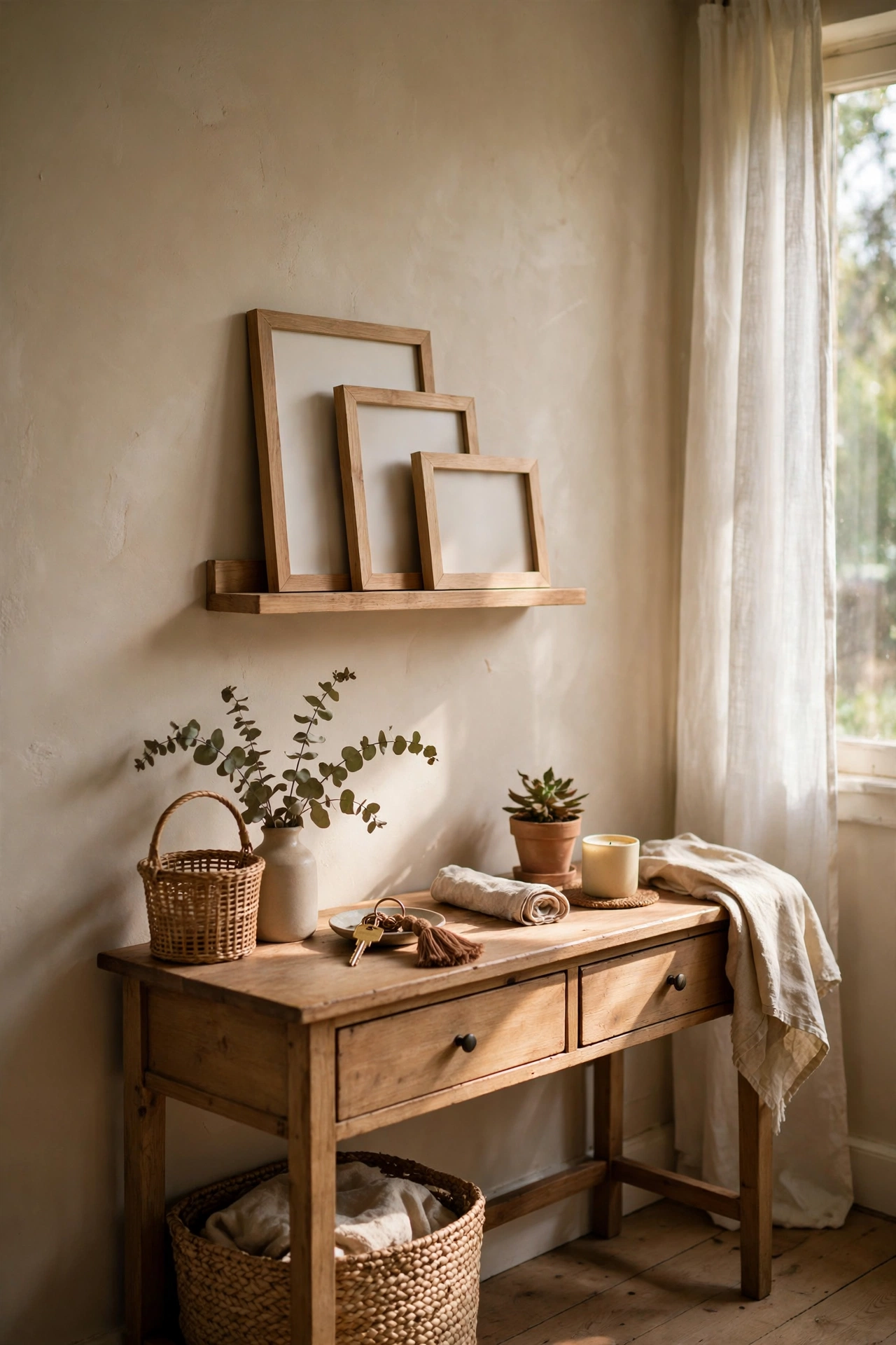 Picture ledge with layered frames above an entryway console