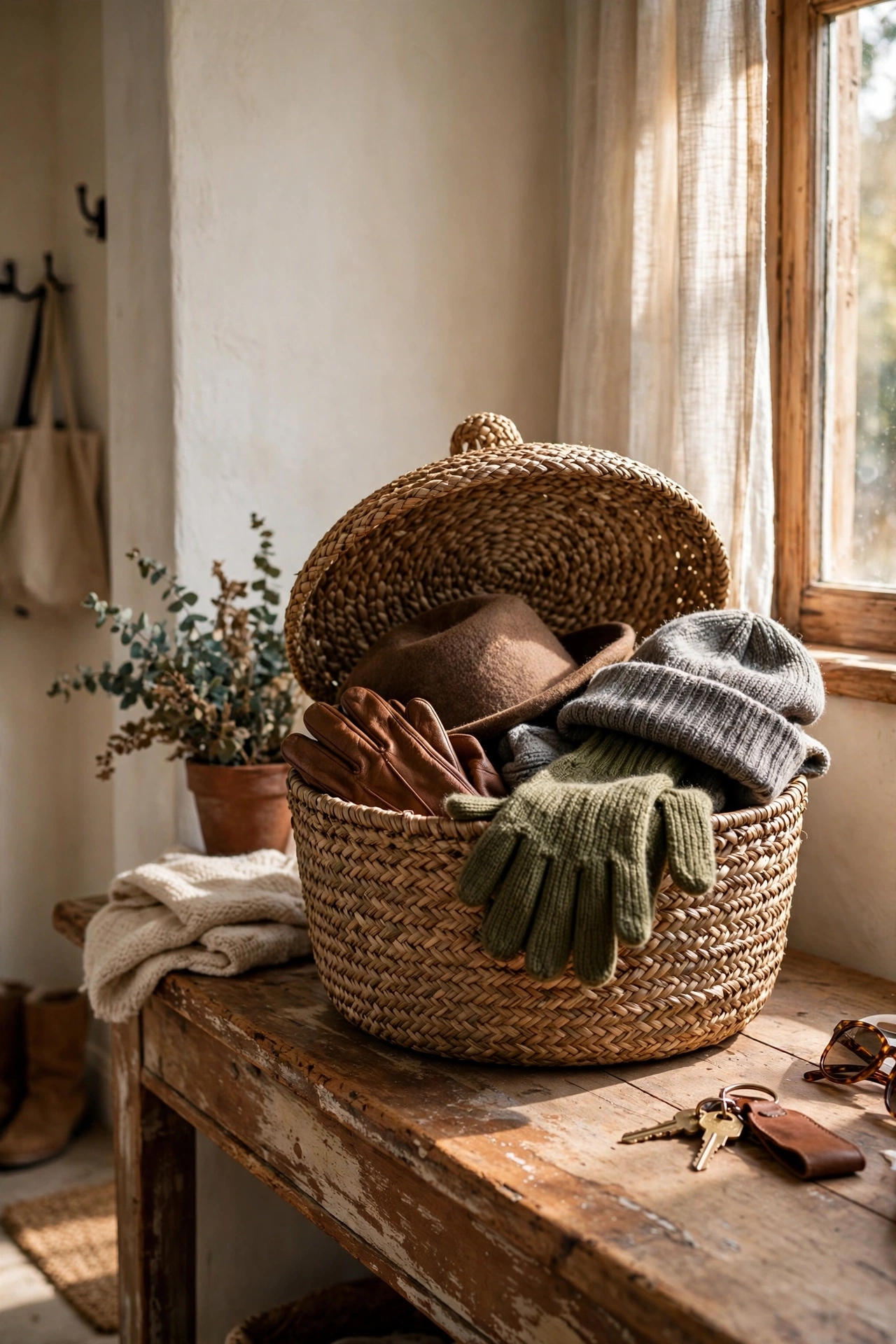 Lidded basket on an entryway console for gloves and hats