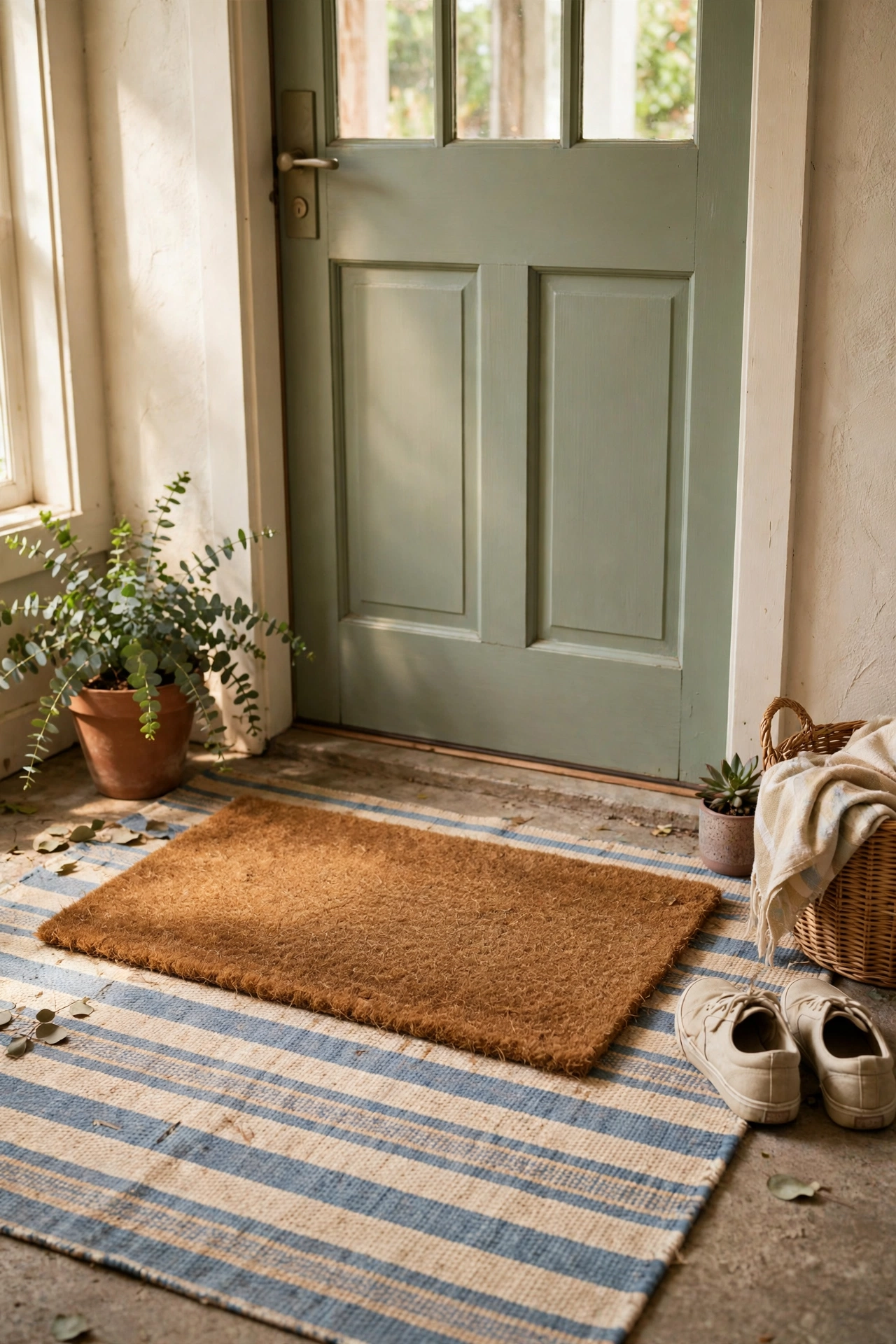 Layered coir welcome mat over a patterned outdoor rug