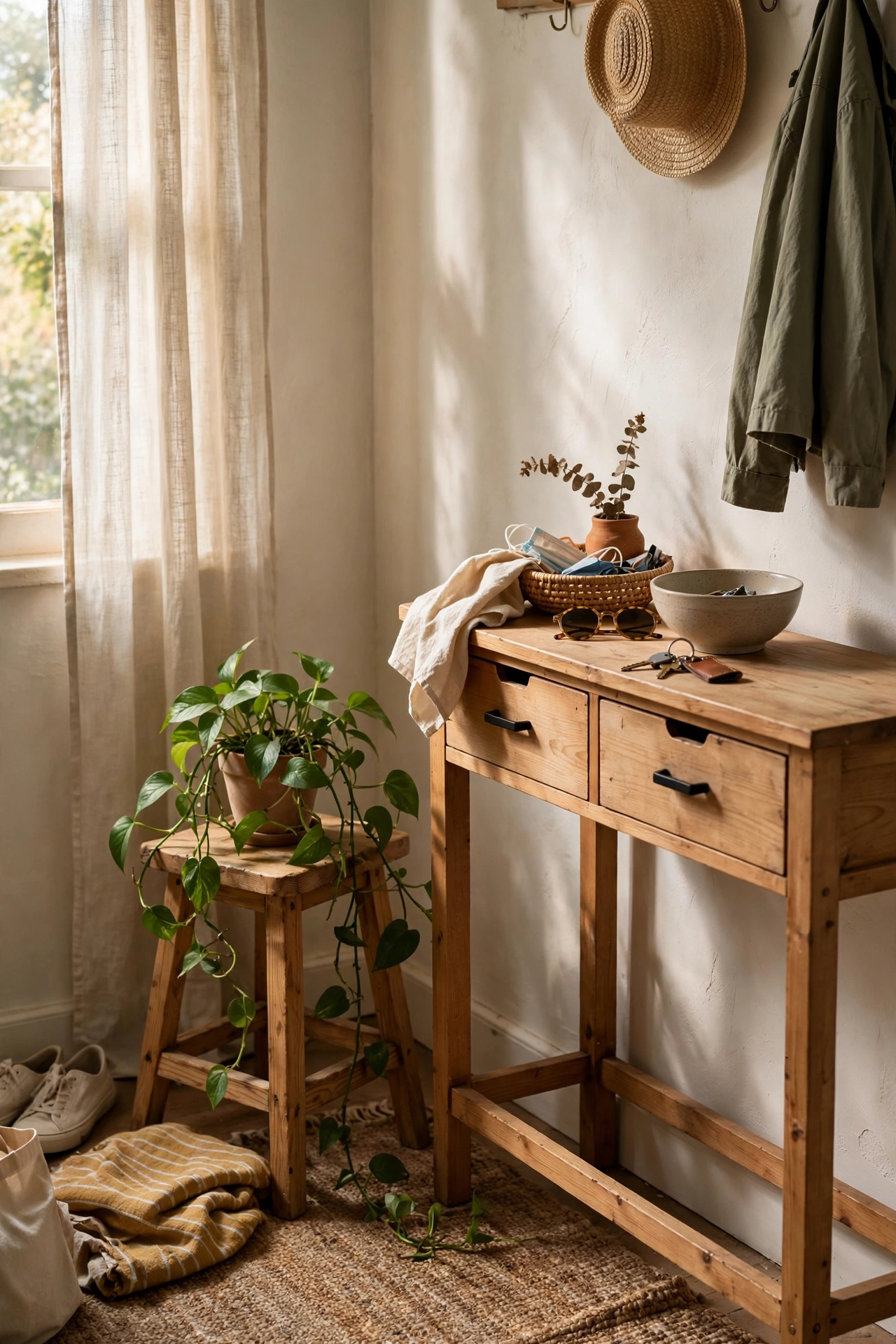 Small wooden stool with a trailing plant in an entryway