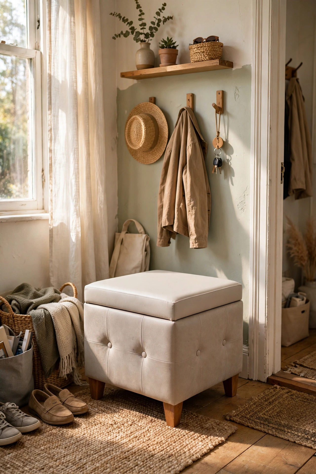 Storage ottoman with hidden shoe storage in an entryway