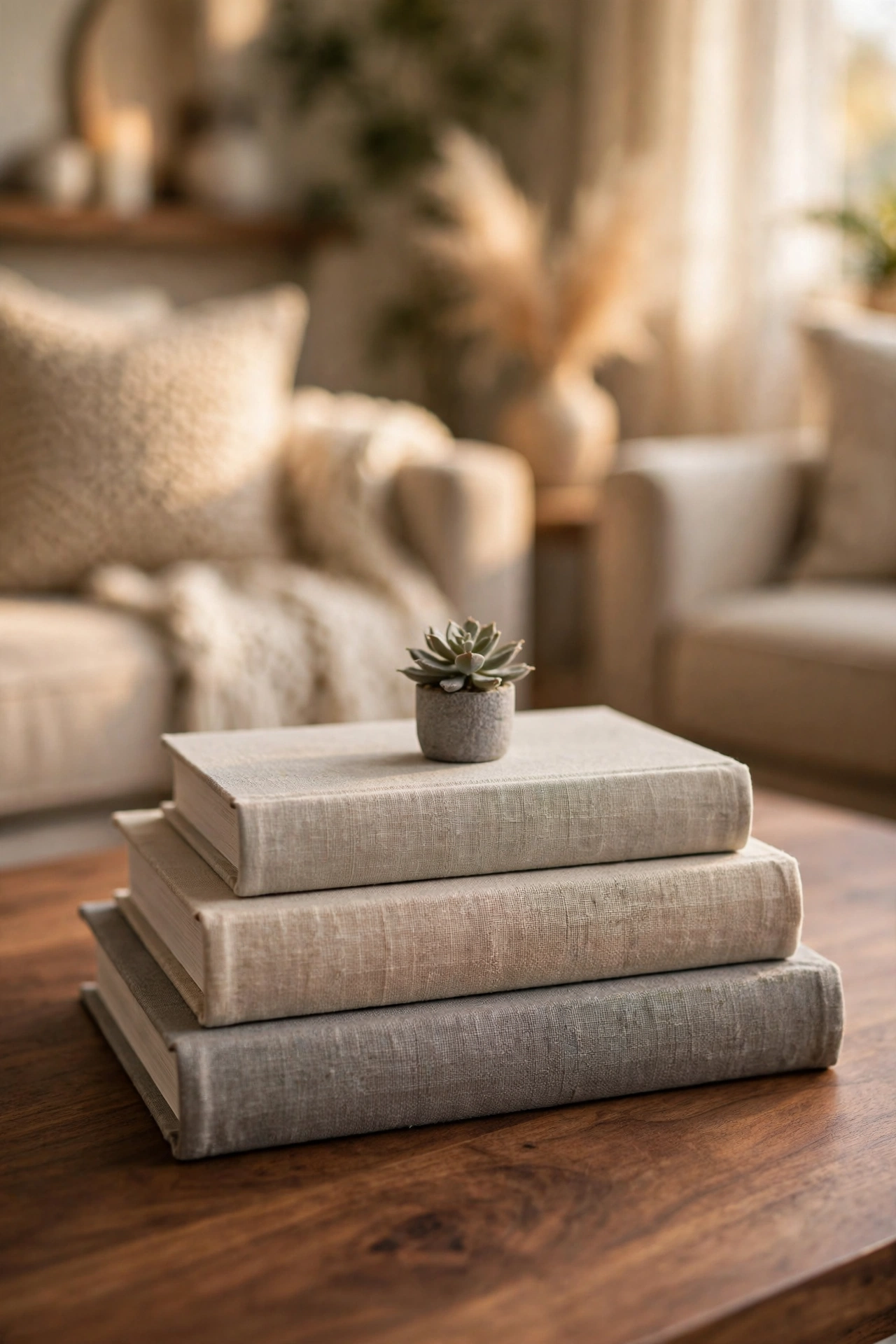 stacked cloth-bound coffee table books with small succulent on wooden coffee table