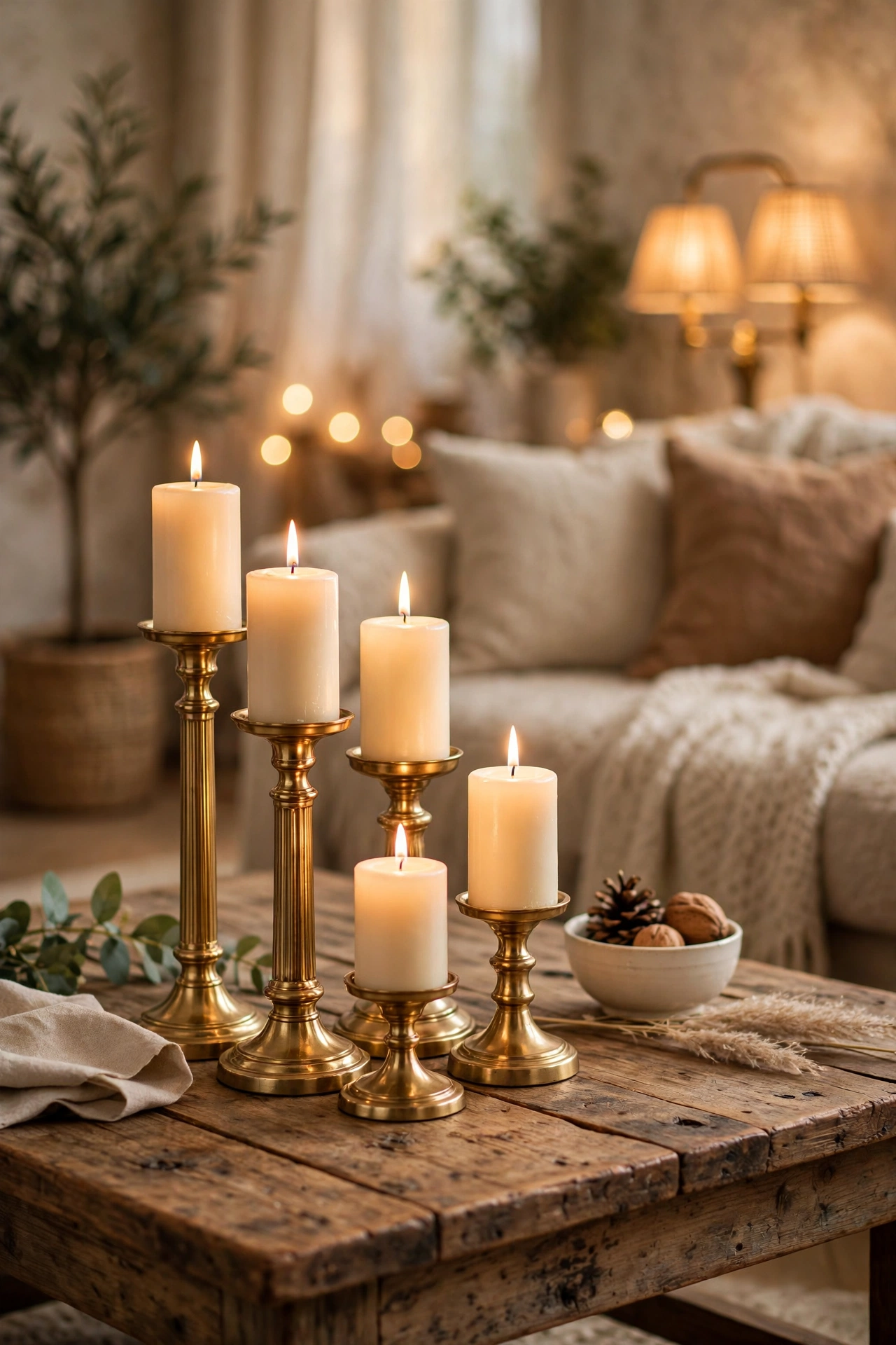 brass look candle holders cluster styled on living room coffee table