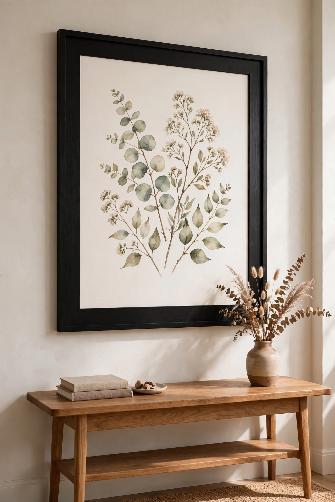 large framed botanical shower curtain art above living room console